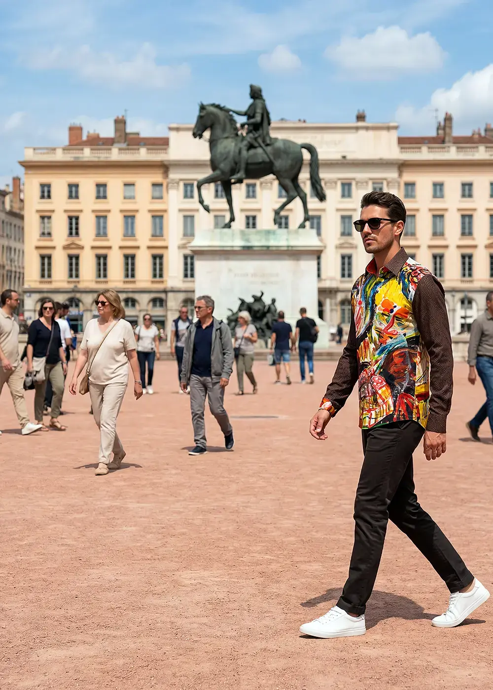 A young man walks through the French city of Lyon wearing the eye-catching MEMENTO MASKARA shirt by GERMENS.