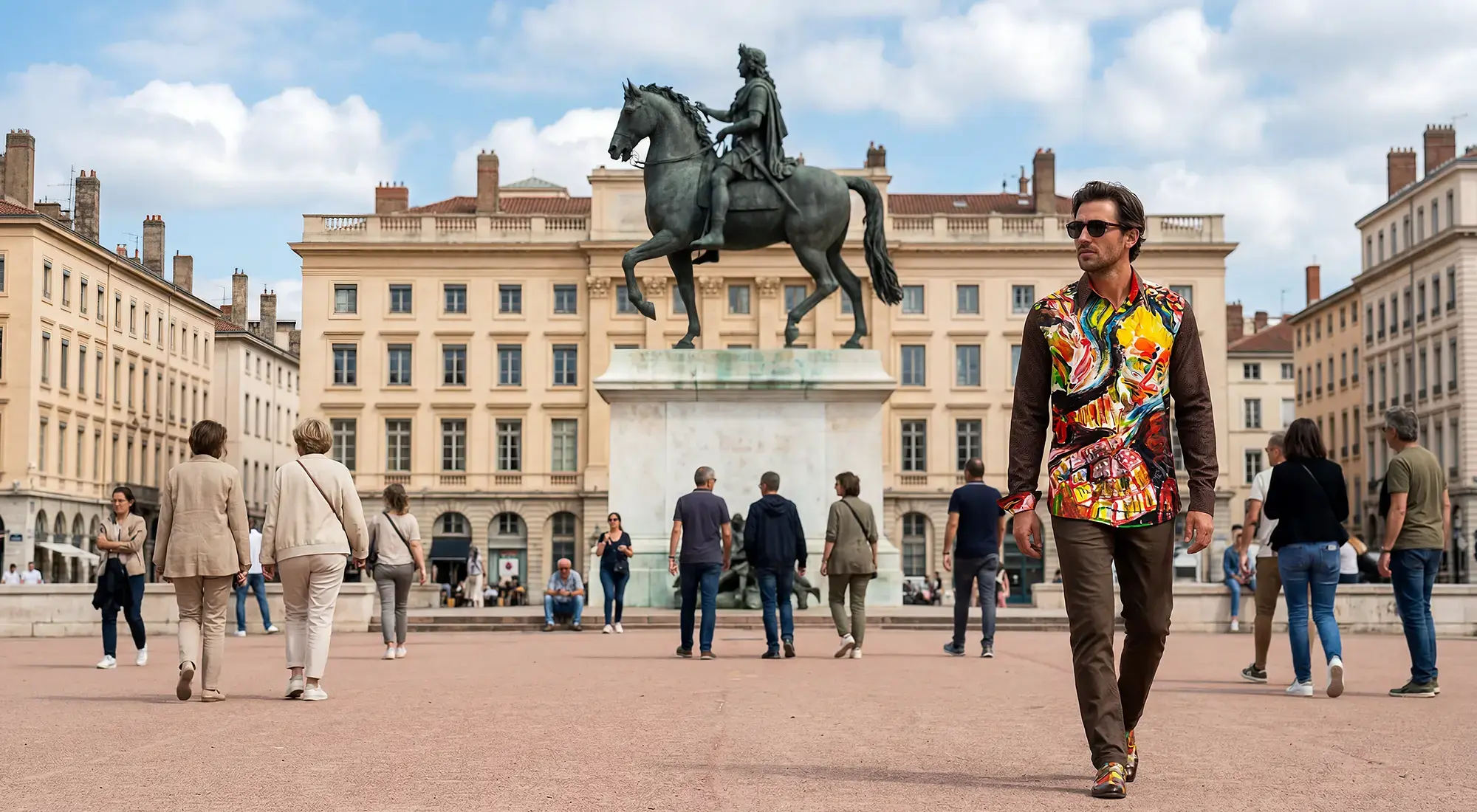 A young man walks through the French city of Lyon wearing the eye-catching MEMENTO MASKARA shirt by GERMENS.
