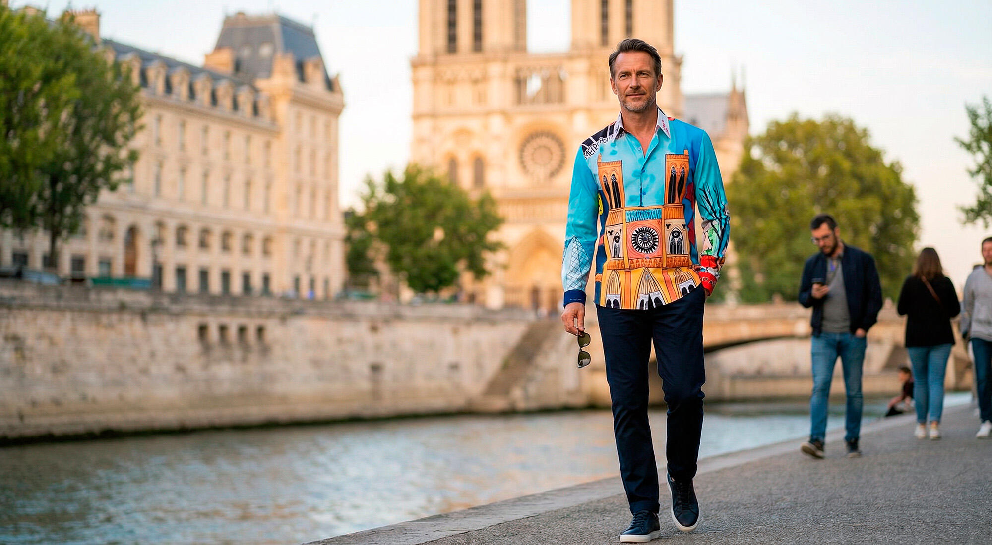Ein Mann trägt das bunte Hemd SAVOIR VIVRE PARIS von GERMENS artfashion und läuft durch Paris an der Kirche Notre Dame vorbei.