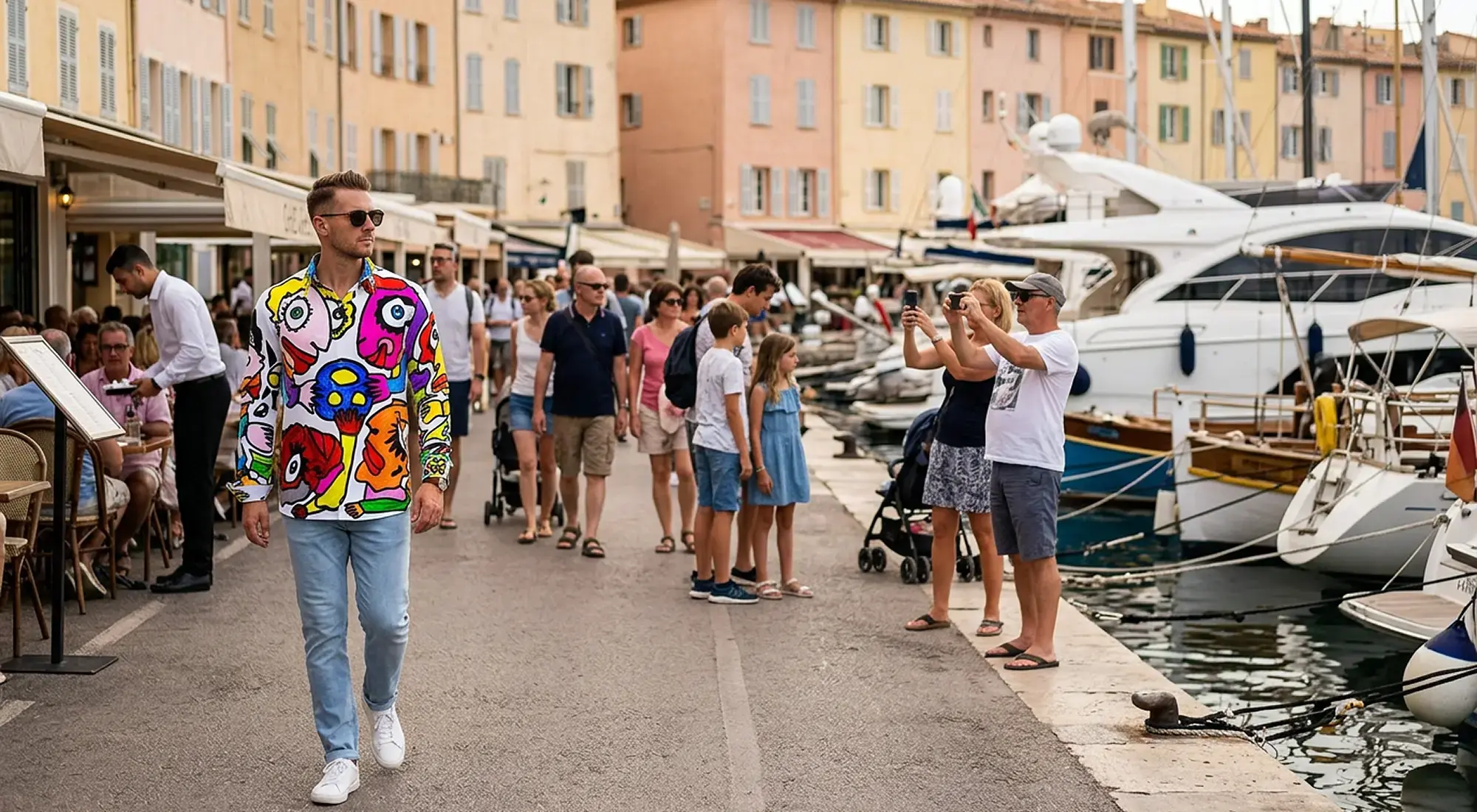 Ein Mann spaziert durch Saint-Tropez und macht auf sich aufmerksam mit einem auffälligen Künstlerhemd LIEBE von GERMENS.