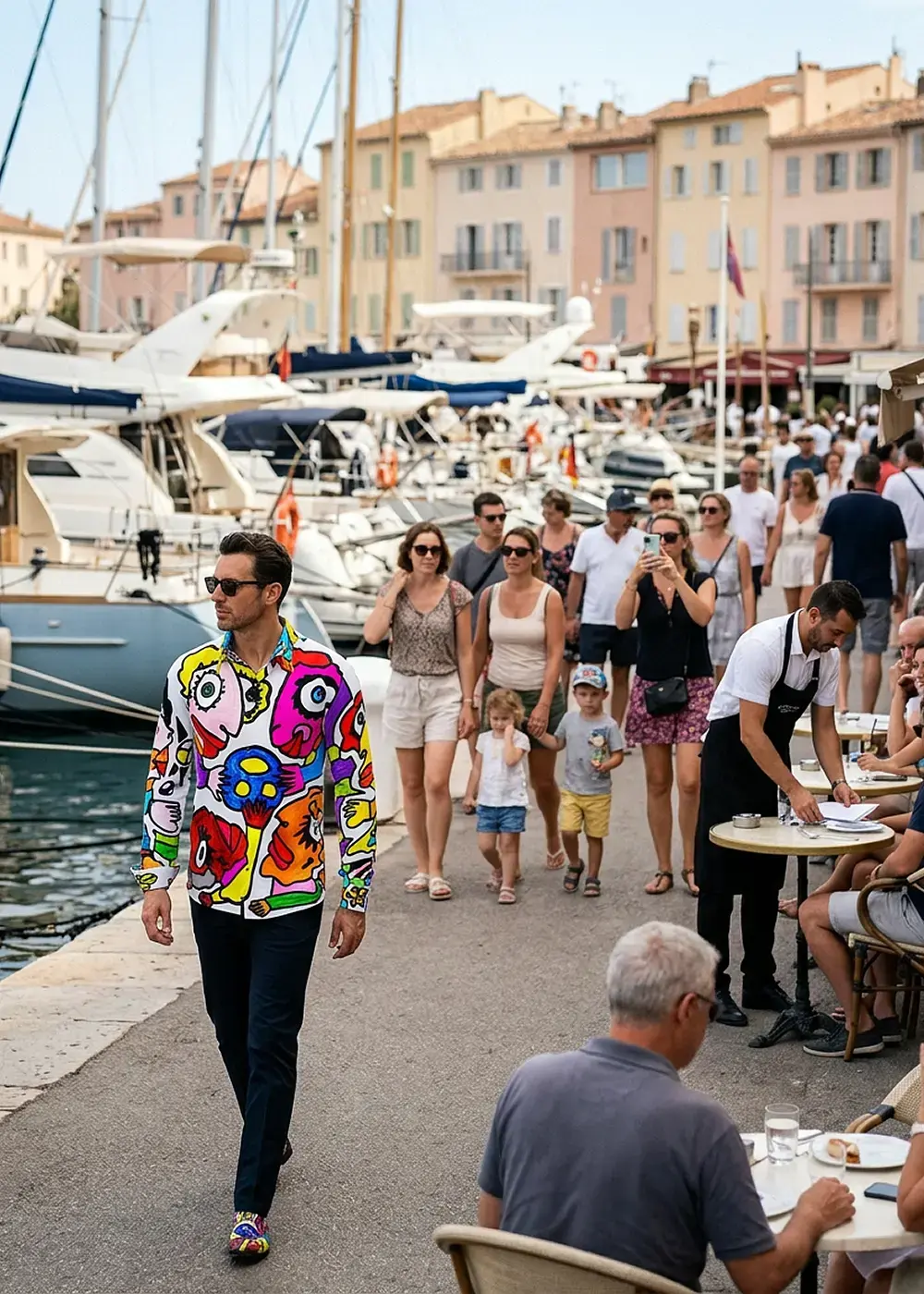 Ein Mann spaziert durch Saint-Tropez und macht auf sich aufmerksam mit einem auffälligen Künstlerhemd LIEBE von GERMENS.