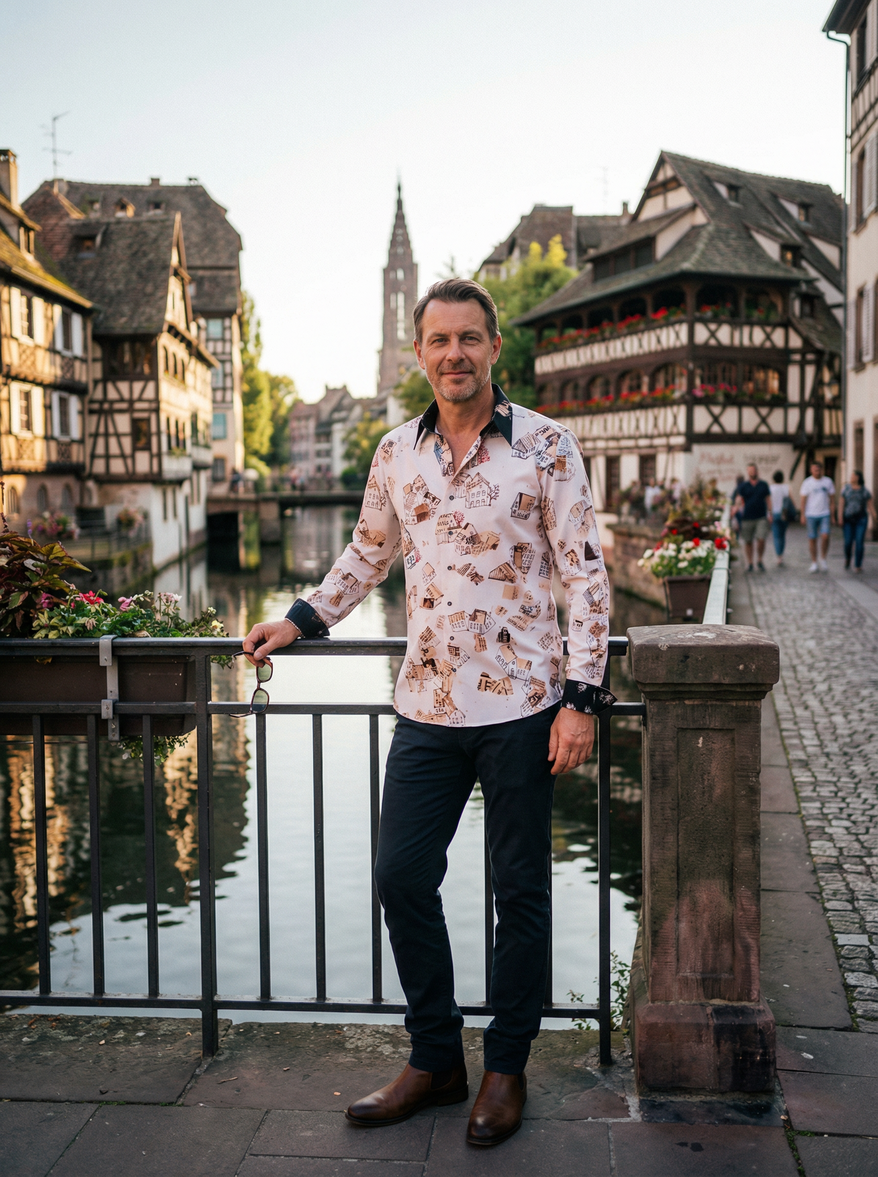 A man wears the brown HOUSES shirt by GERMENS artfashion and is out and about in the French city of Strasbourg.