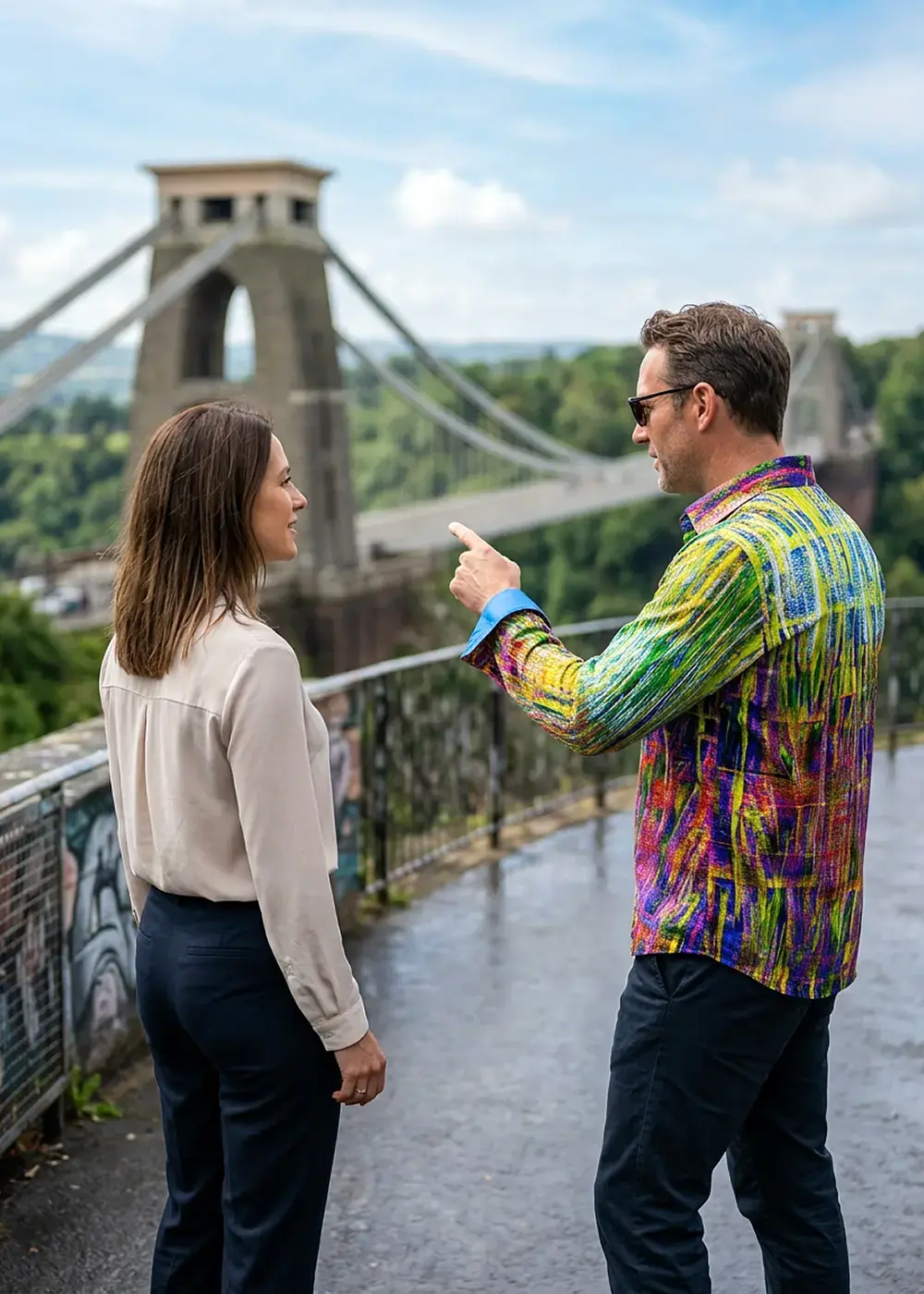 A married couple is visiting the city of Bristol. The man is wearing the colorful GERMENS FLUORO shirt.