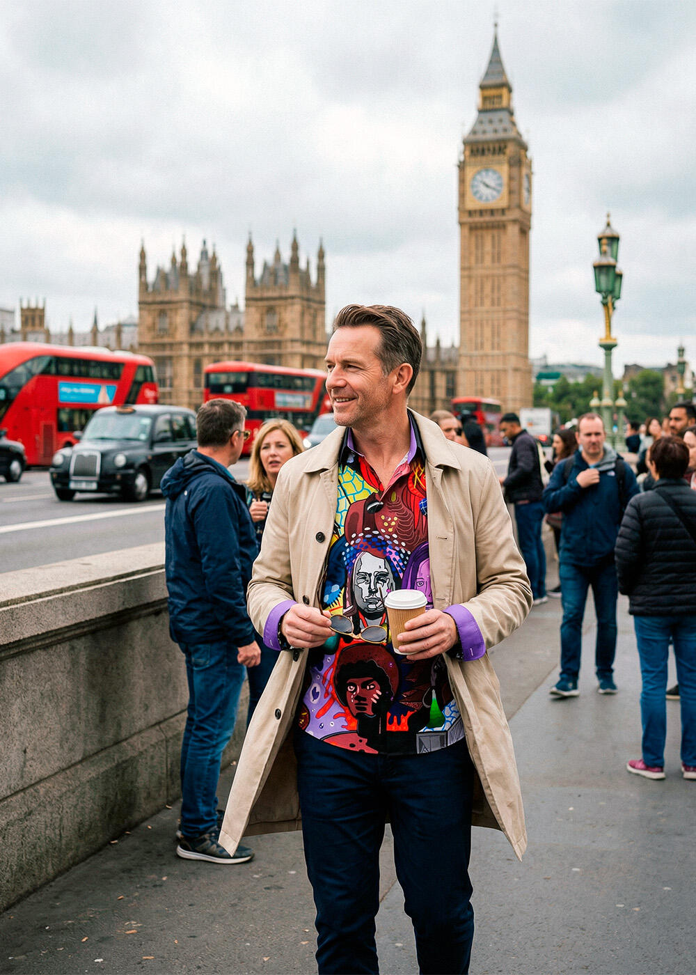 Ein Man im Trenchcoat und das bunte Hemd CONTRA BANNED von GERMENS unterwegs in London.