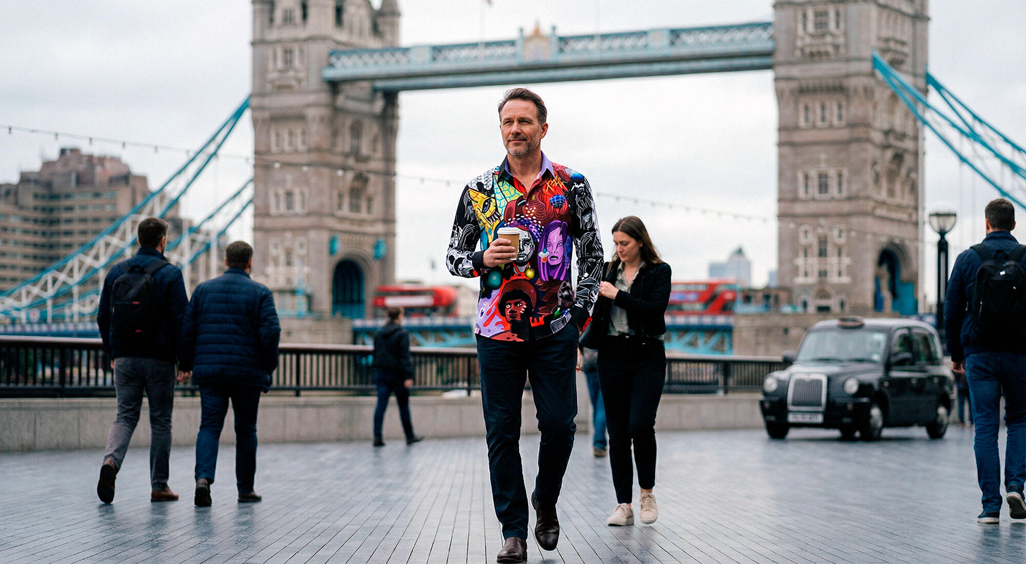 Ein Mann im bunten Hemd CONTRA BANNED von GERMENS unterwegs in London.