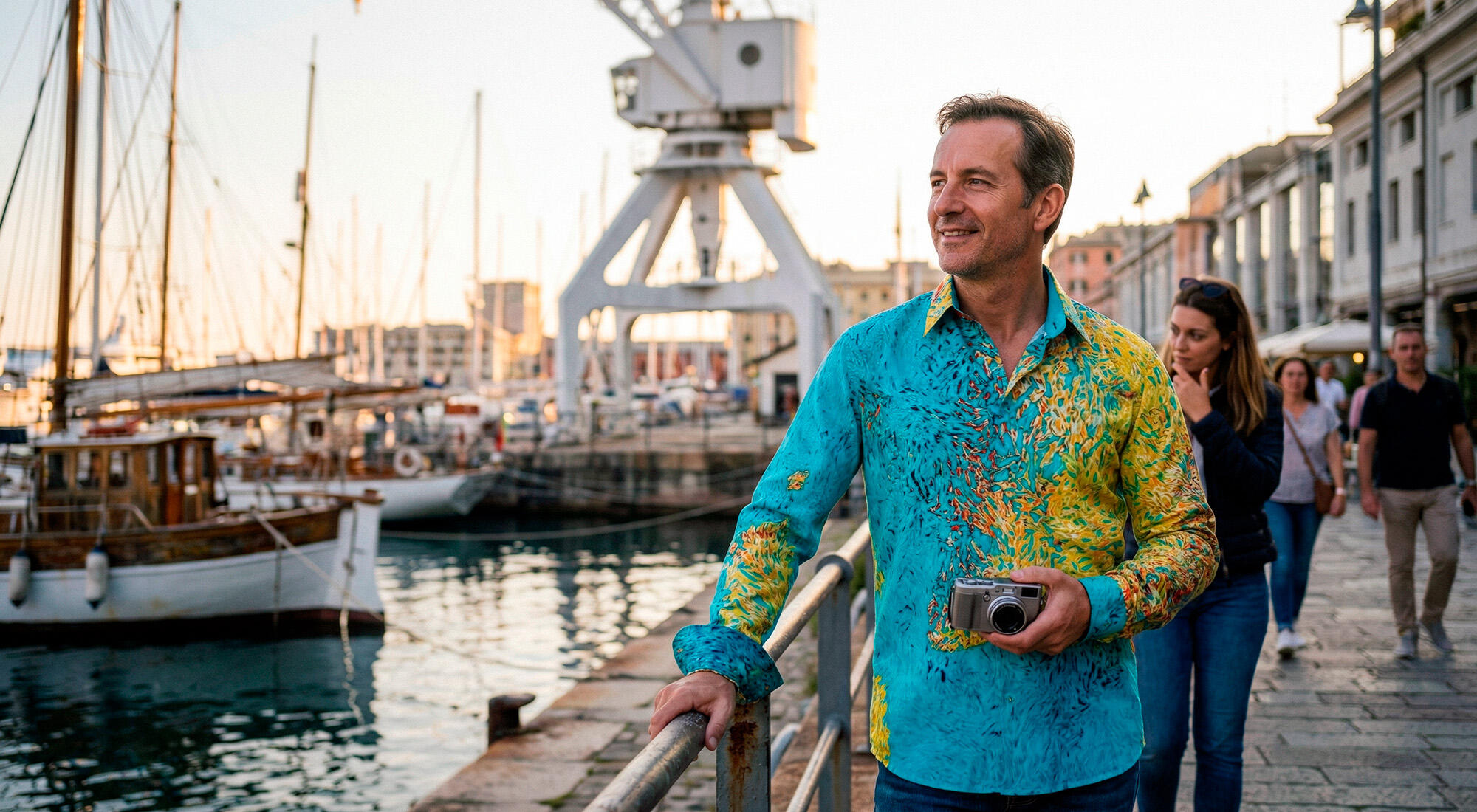 A man wears the yellow and turquoise FRAXI BERMULO shirt by GERMENS artfashion at the port of Genoa.