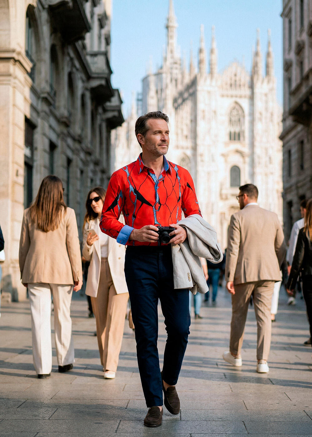A man walks through Milan wearing the red ROTER FELS shirt by GERMENS artfashion.