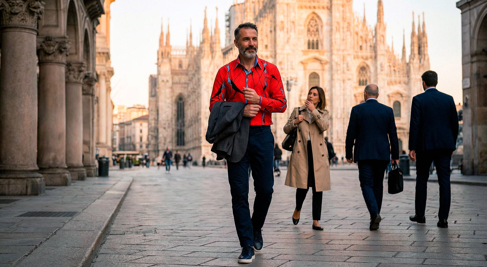 A man walks through Milan wearing the red ROTER FELS shirt by GERMENS artfashion.