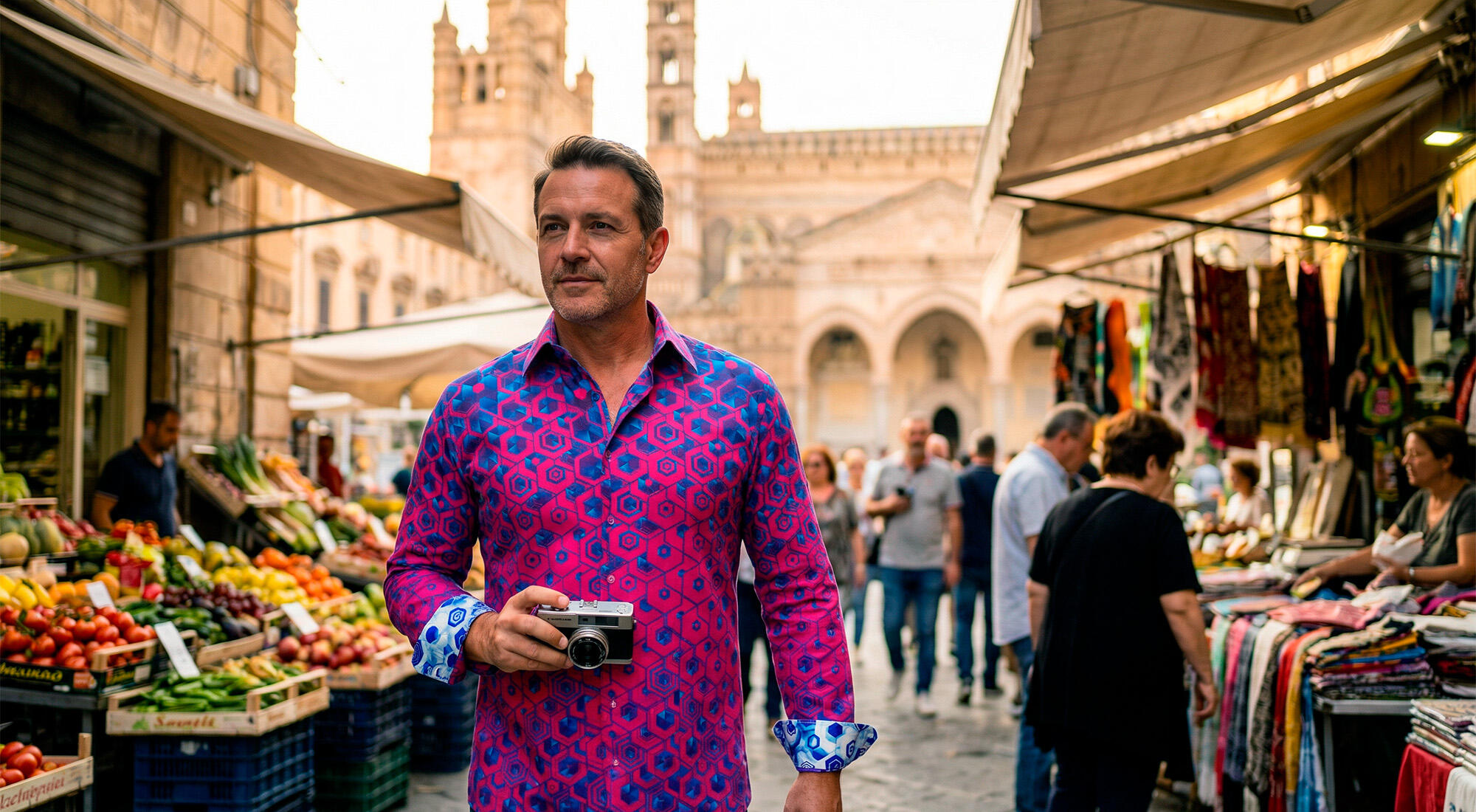Ein Mann spaziert in Palermo bei einem Markt entlang und trägt das blau-violette Hemd HEXAGON AMETHYST von GERMENS artfashion