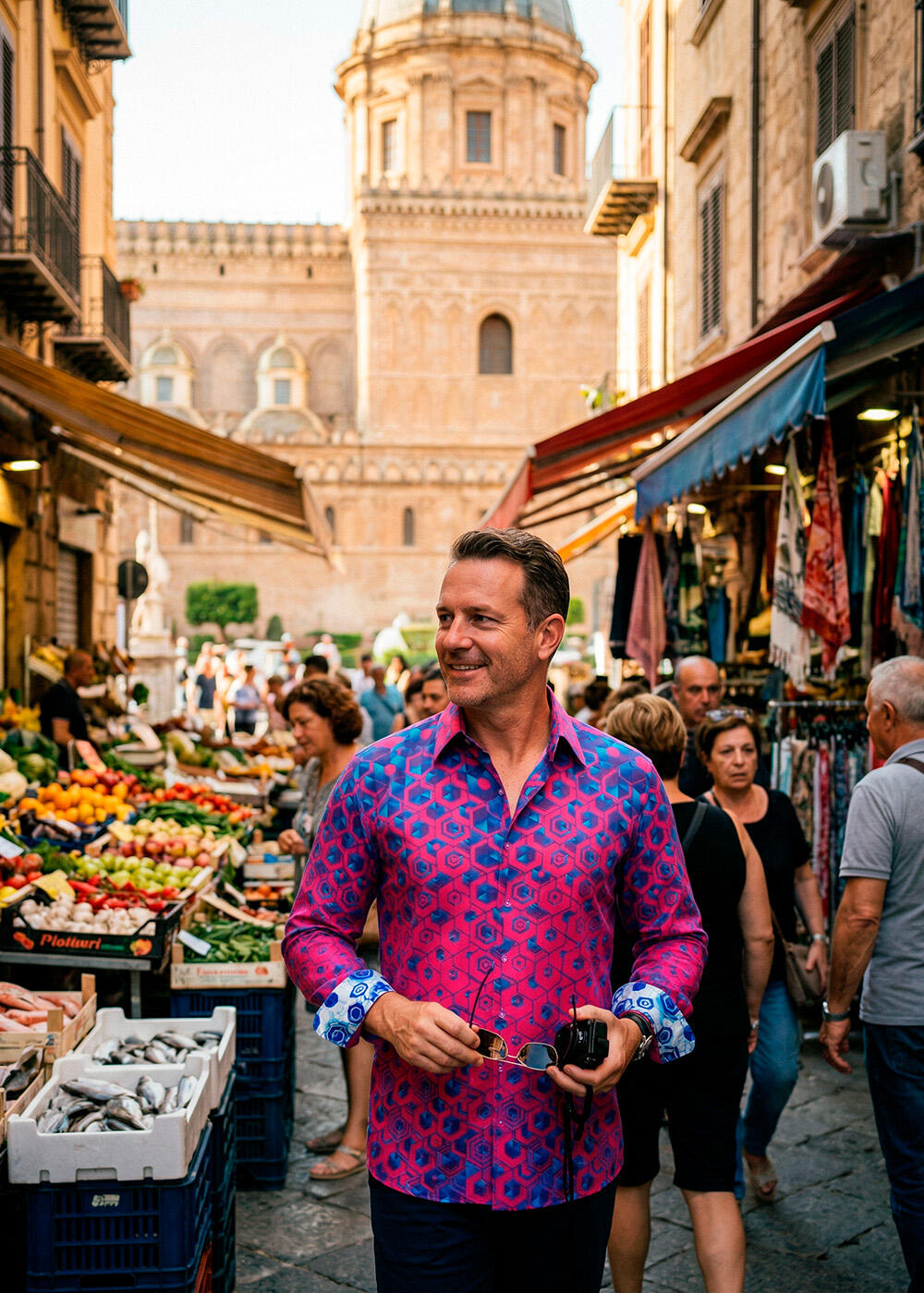 Ein Mann spaziert in Palermo bei einem Markt entlang und trägt das blau-violette Hemd HEXAGON AMETHYST von GERMENS artfashion