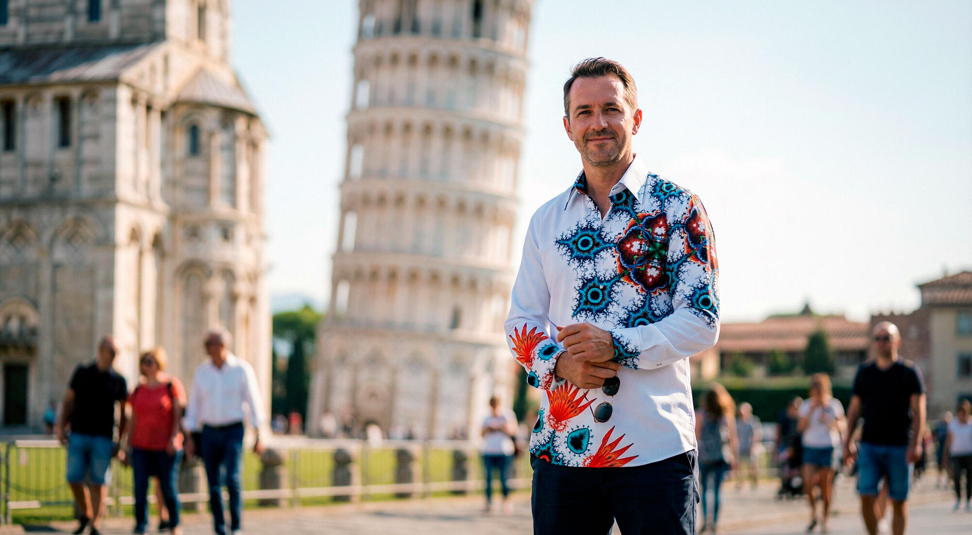 A tourist stands in front of the Leaning Tower in Pisa wearing the APFELMÄNNCHEN men's shirt by GERMENS artfashion.