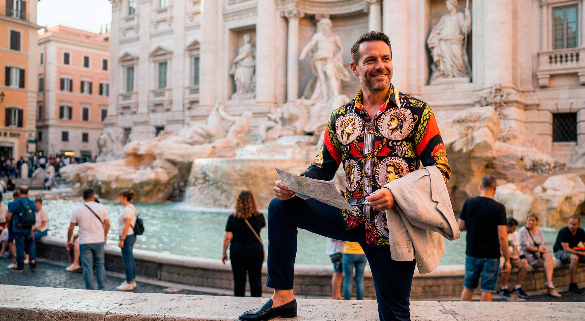 Ein Mann trägt das auffällige Hemd IMPERATOR von GERMENS artfashion und spaziert durch Rom.