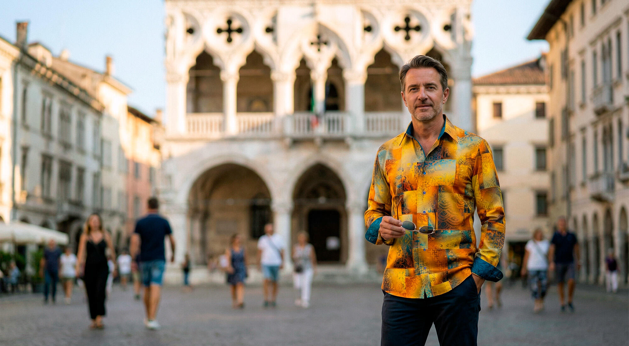 A man is standing on a street in Undine wearing the yellow DRACO GOLD shirt from GERMENS artfashion.