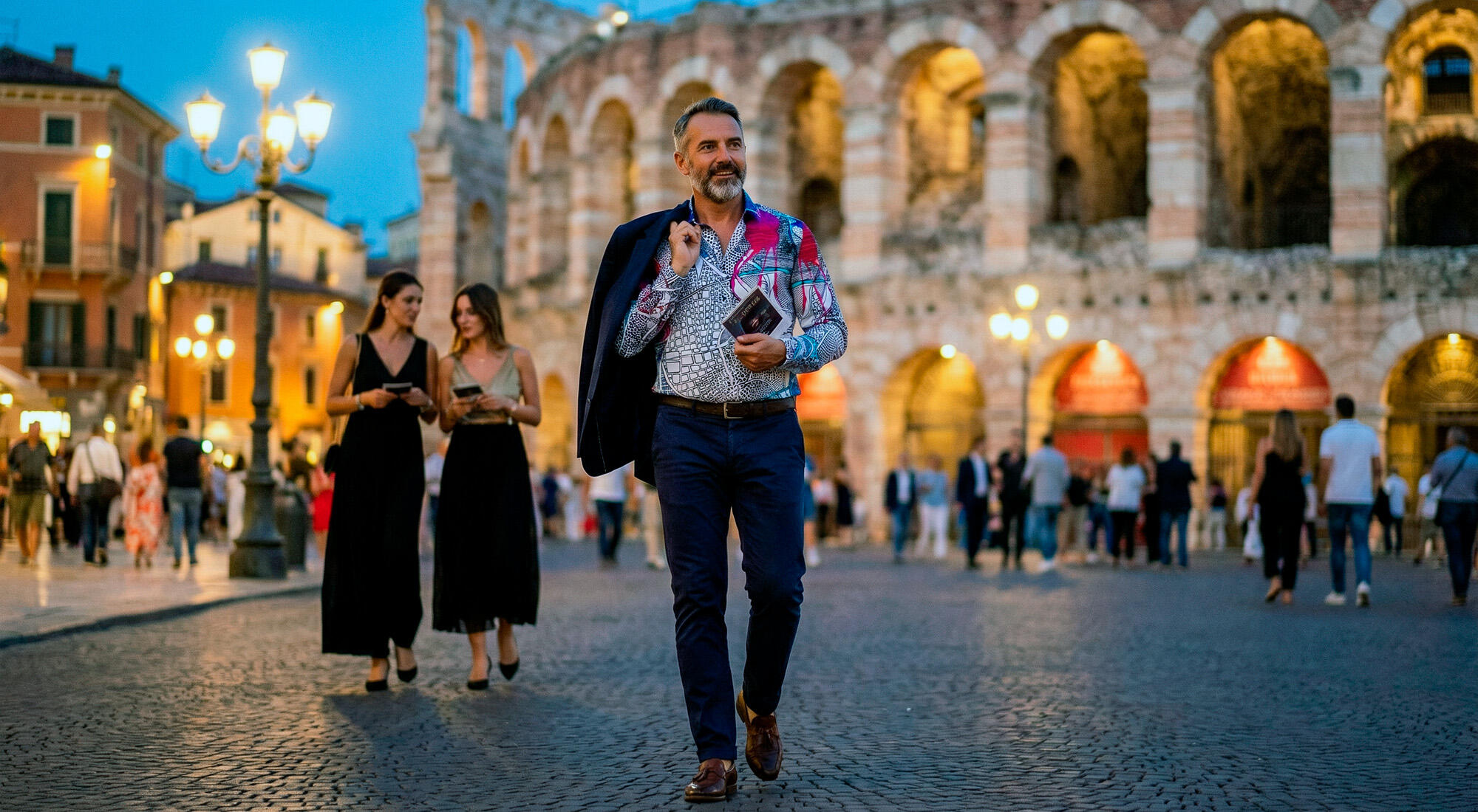 A man walks through Verona wearing the eye-catching QUADROPHONIE shirt by GERMENS artfashion.