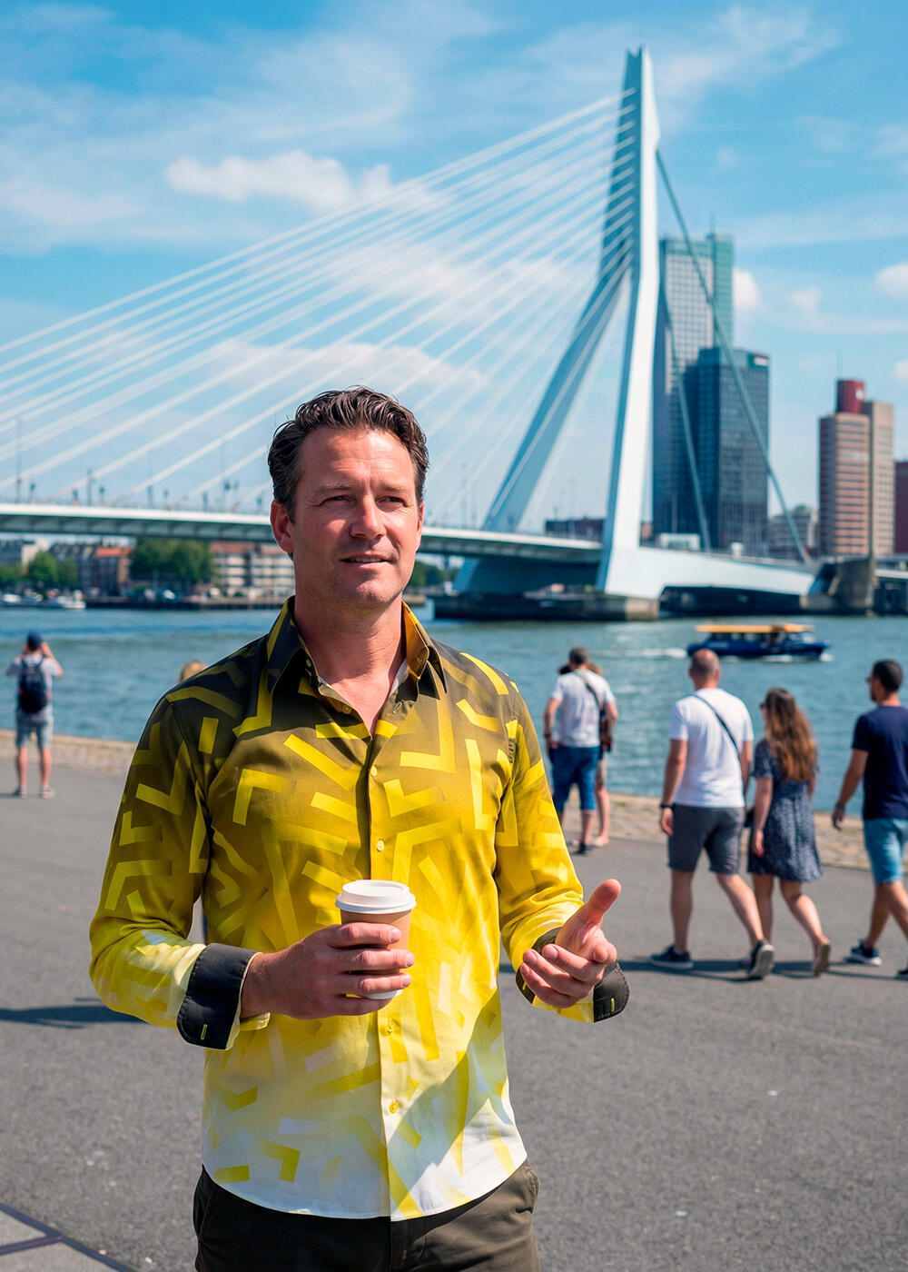 A man strolls through the Dutch port city of Rotterdam wearing the yellow GON YELLOW shirt by GERMENS artfashion.