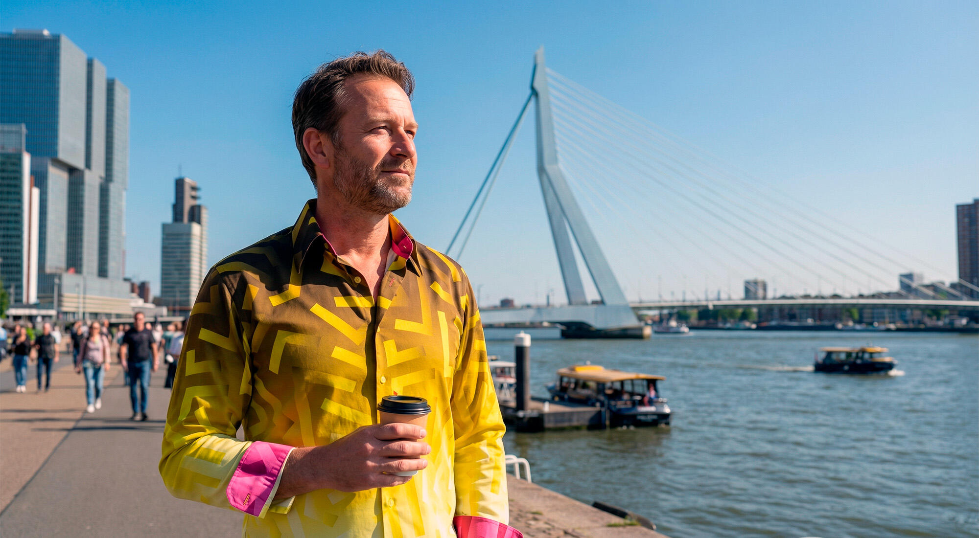 A man strolls through the Dutch port city of Rotterdam wearing the yellow GON YELLOW shirt by GERMENS artfashion.
