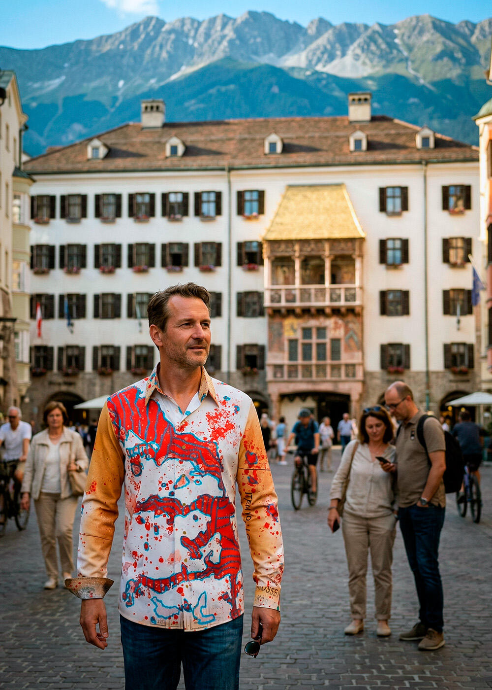 A tourist strolls through Innsbruck, Austria. He is wearing the colorful LAKE BLUE shirt from GERMENS.