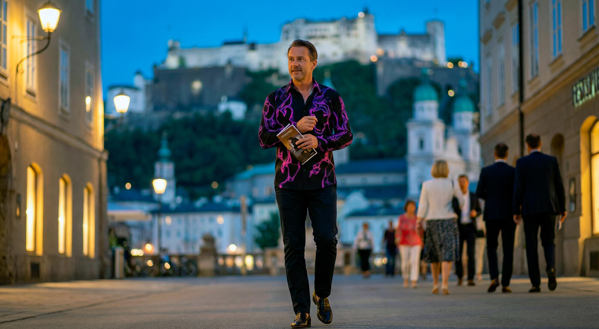 A man walks through the city of Salzburg wearing the black and purple GERMENS ULTRA V shirt.