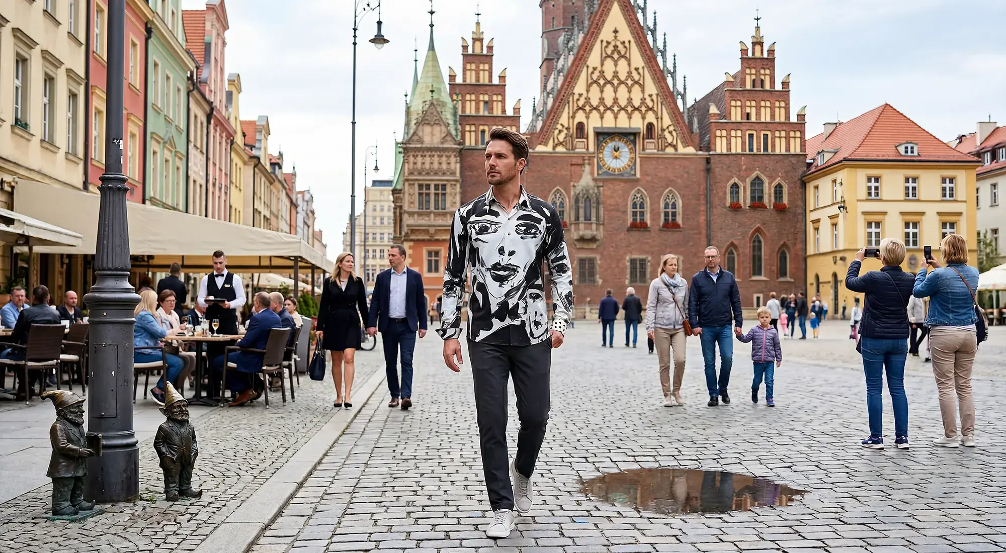 A tourist strolls through the Polish city of Wrocław wearing a black and white THE BEST GIRL 2 shirt by GERMENS.