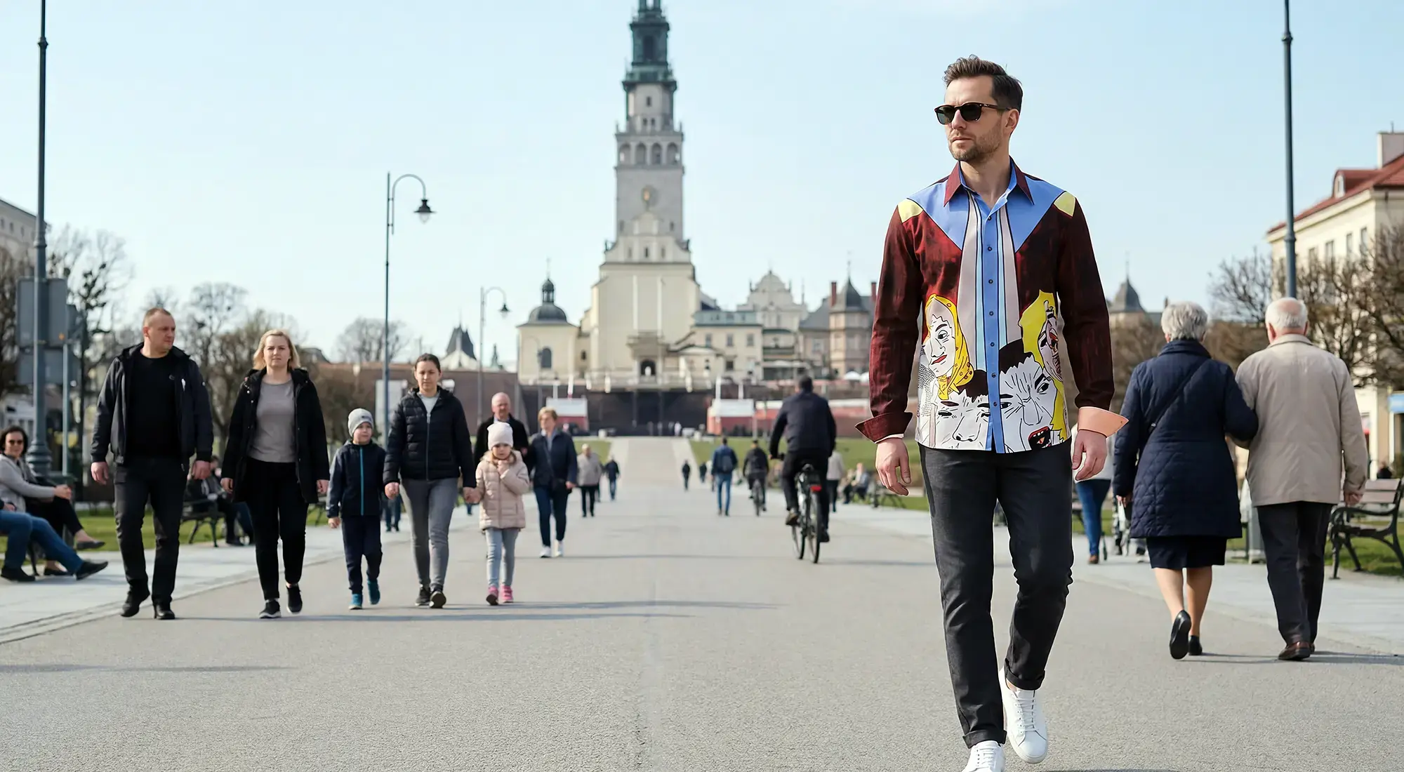 A tourist walks through the Polish city of Częstochowa wearing the unusual shirt WAS DENKST DENN DU by GERMENS.