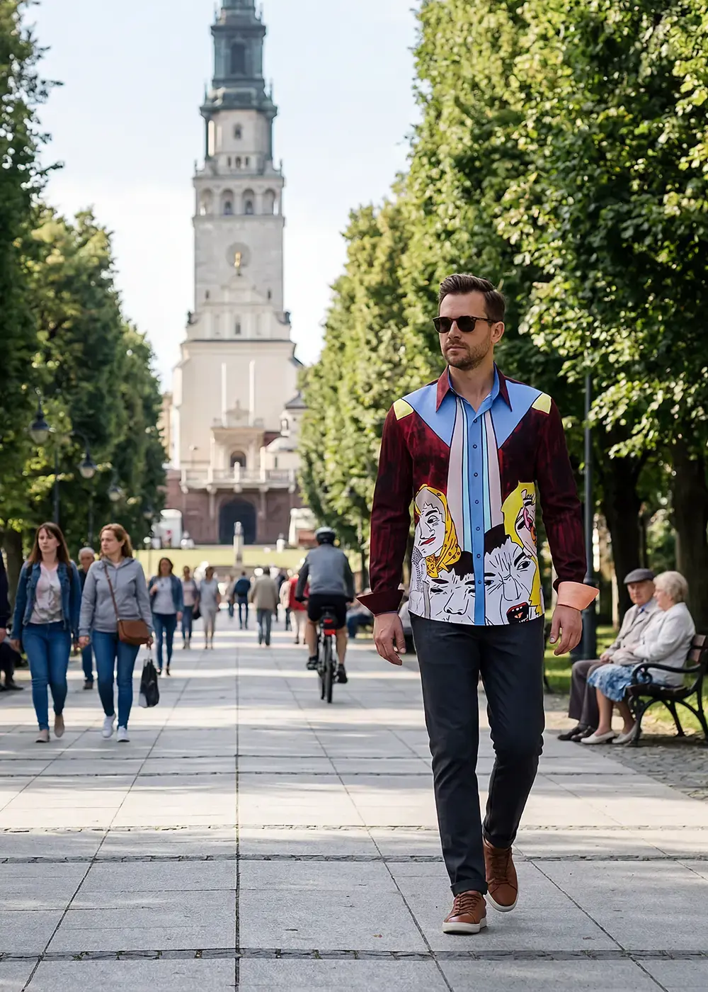 A tourist walks through the Polish city of Częstochowa wearing the unusual shirt WAS DENKST DENN DU by GERMENS.