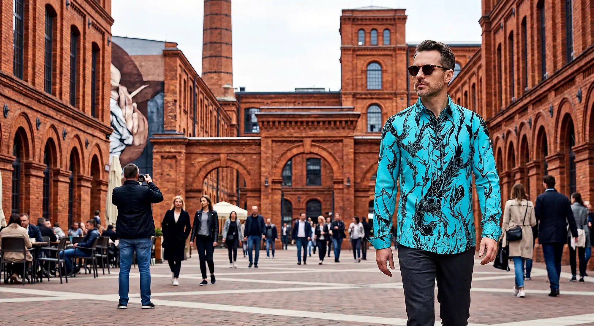 A man walks through the Polish city of Łódź and attracts attention with his eye-catching DORNENPRINZ CYAN shirt from GERMENS.