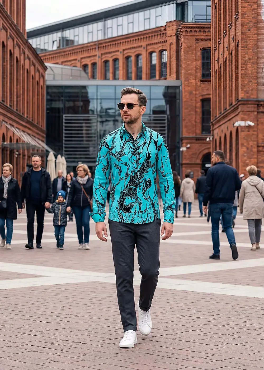 A man walks through the Polish city of Łódź and attracts attention with his eye-catching DORNENPRINZ CYAN shirt from GERMENS.