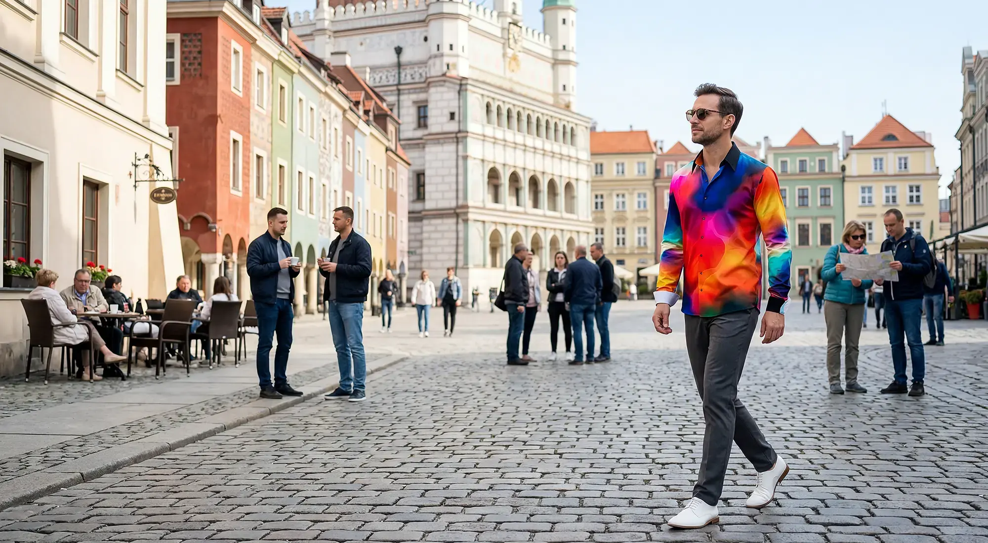 A tourist walks through the city center of Poznan, Poland, wearing the colorful shirt ZWISCHENZUSTAND by GERMENS.