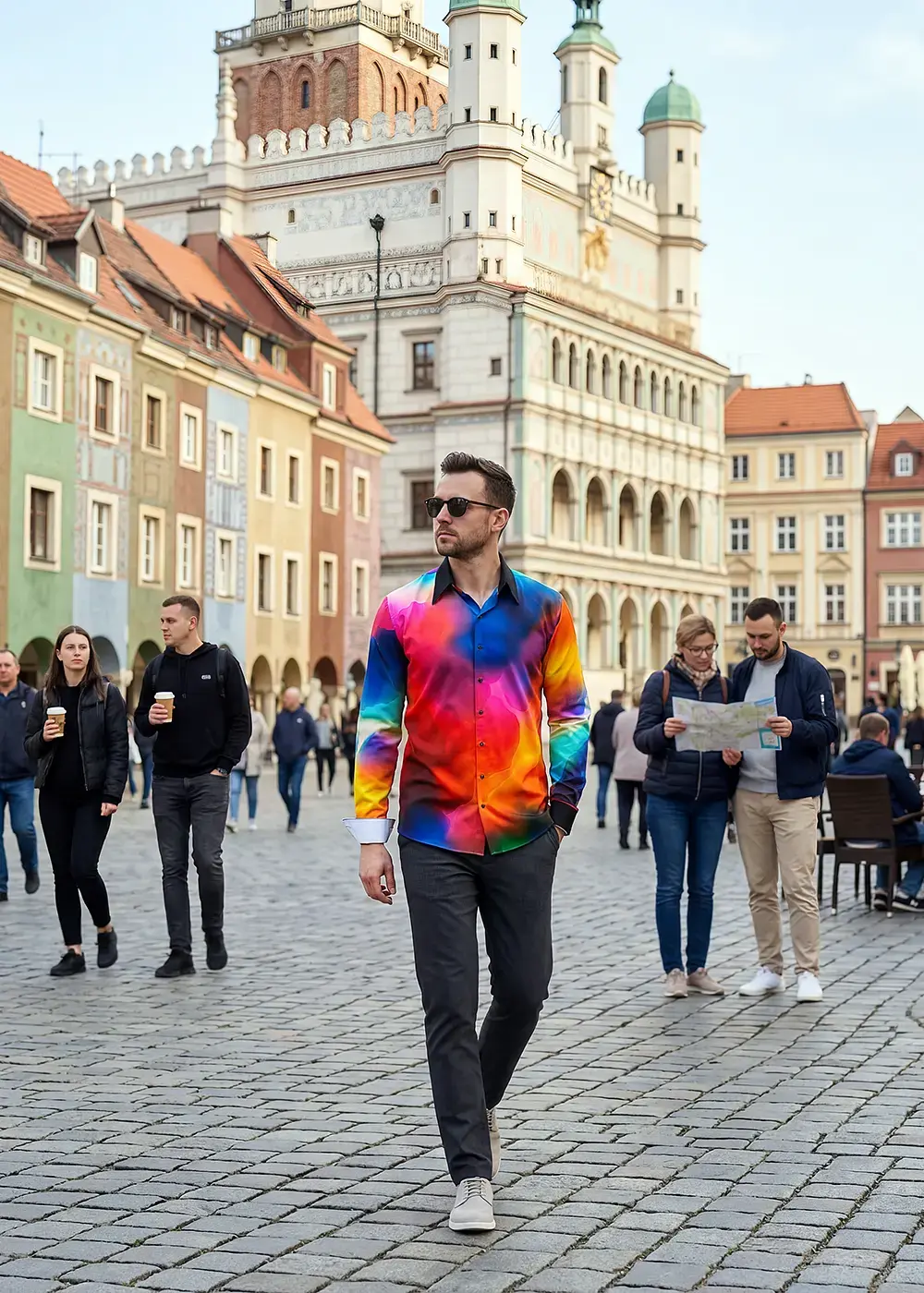 A tourist walks through the city center of Poznan, Poland, wearing the colorful shirt ZWISCHENZUSTAND by GERMENS.