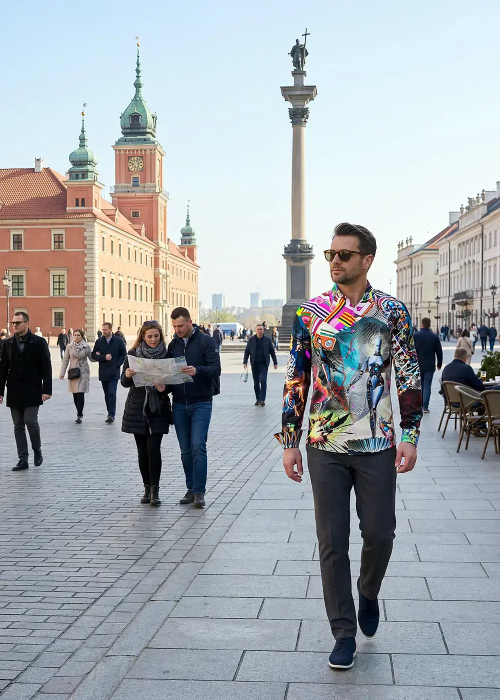 A tourist explores the Polish capital Warsaw wearing the extraordinary CYBER ODYSSEY shirt by GERMENS.