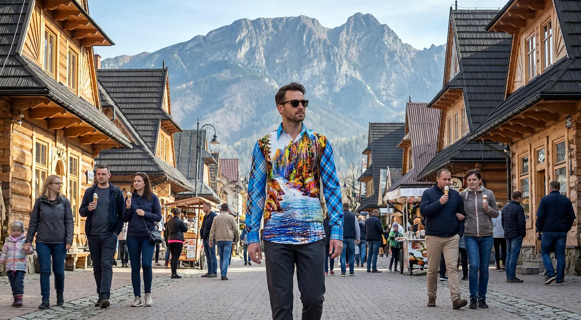 A tourist explores the Polish town of Zakopane wearing the extraordinary BERGIDYLL WASSER shirt from GERMENS, which perfectly matches the landscape.