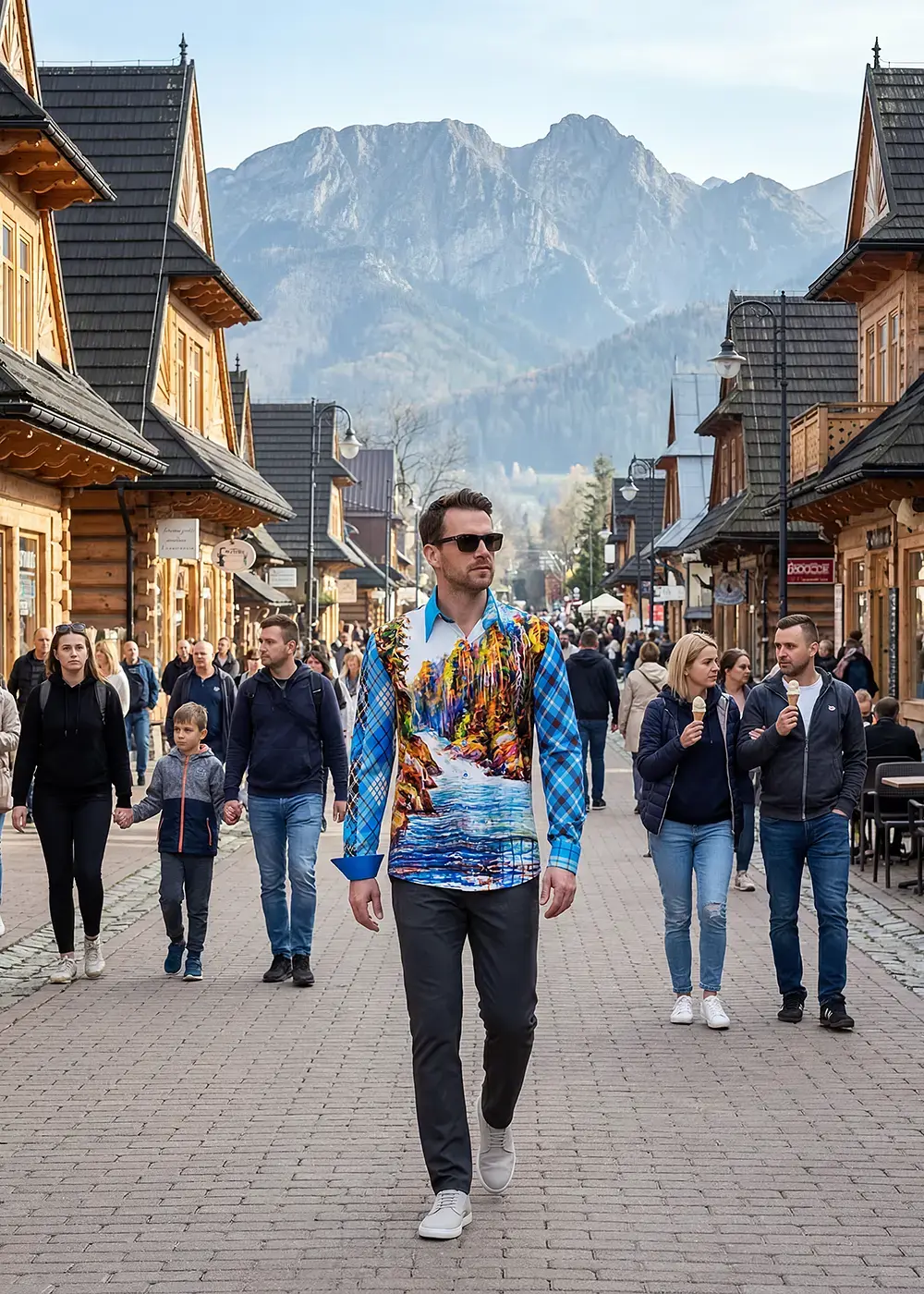 A tourist explores the Polish town of Zakopane wearing the extraordinary BERGIDYLL WASSER shirt from GERMENS, which perfectly matches the landscape.