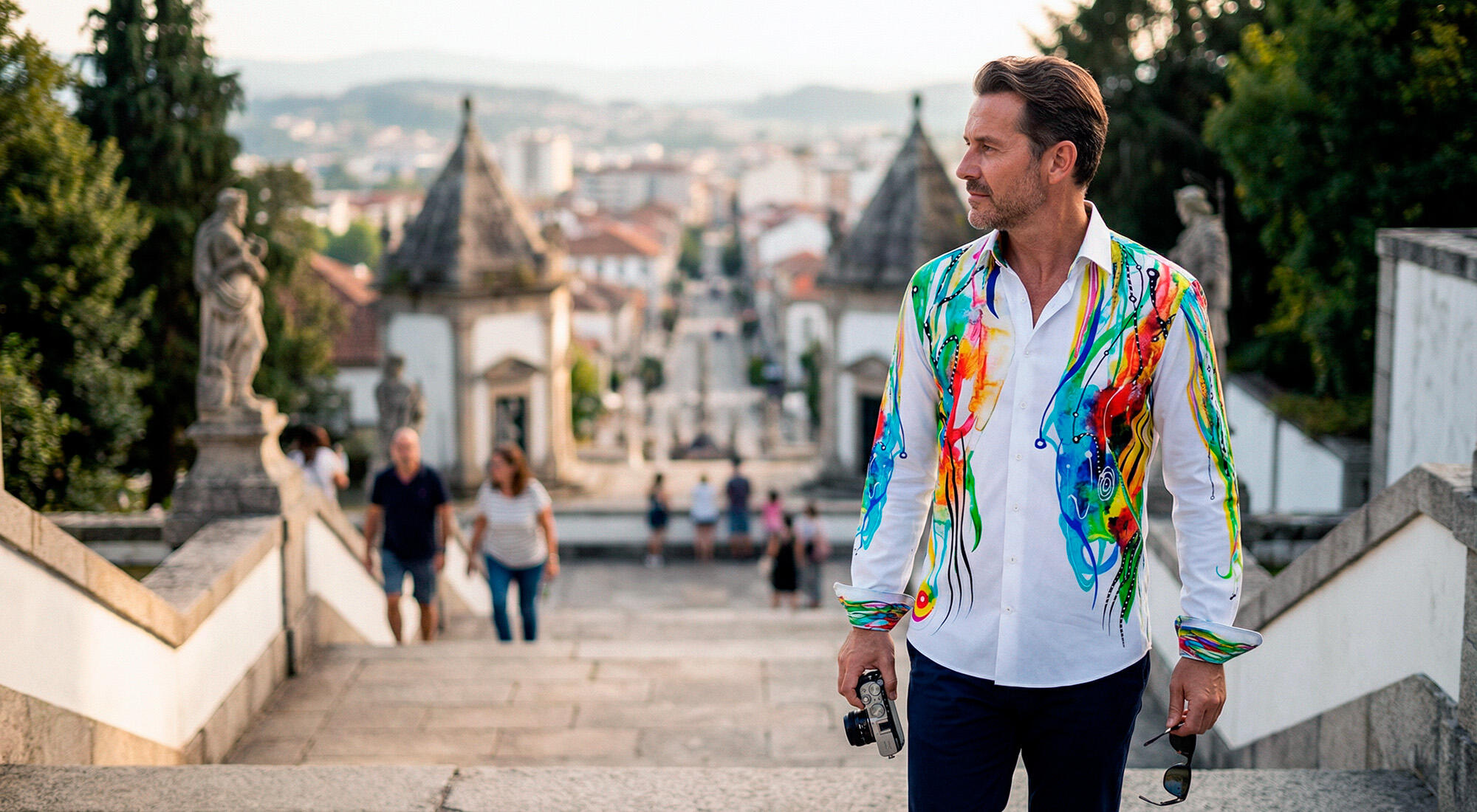 A tourist is holding a camera and standing in front of a staircase in the Portuguese city of Braga. He is wearing the white CINGA DAY shirt by Germens.