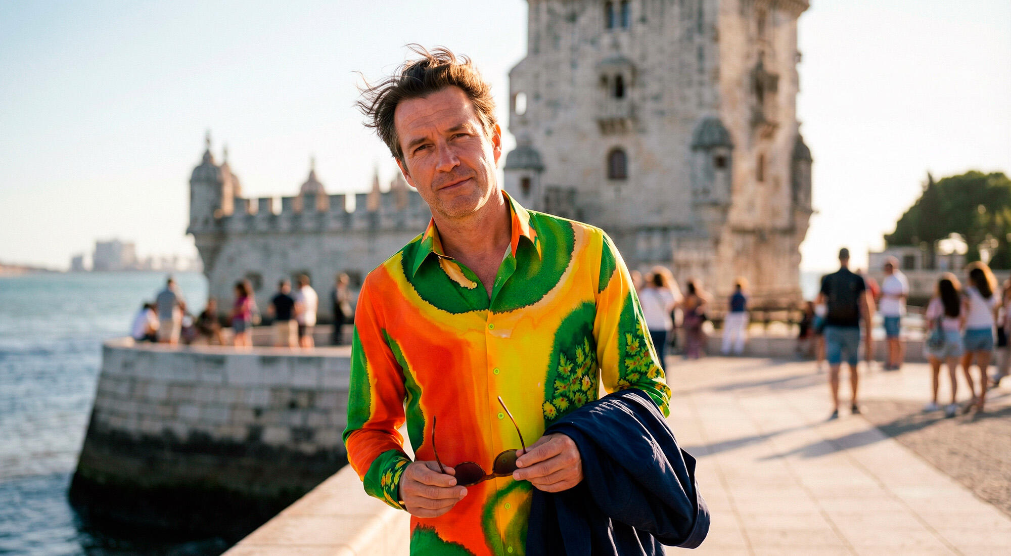 A tourist walks along the waterfront in the Portuguese city of Lisbon wearing the red, yellow, and green SEEROSEN shirt by GERMENS.