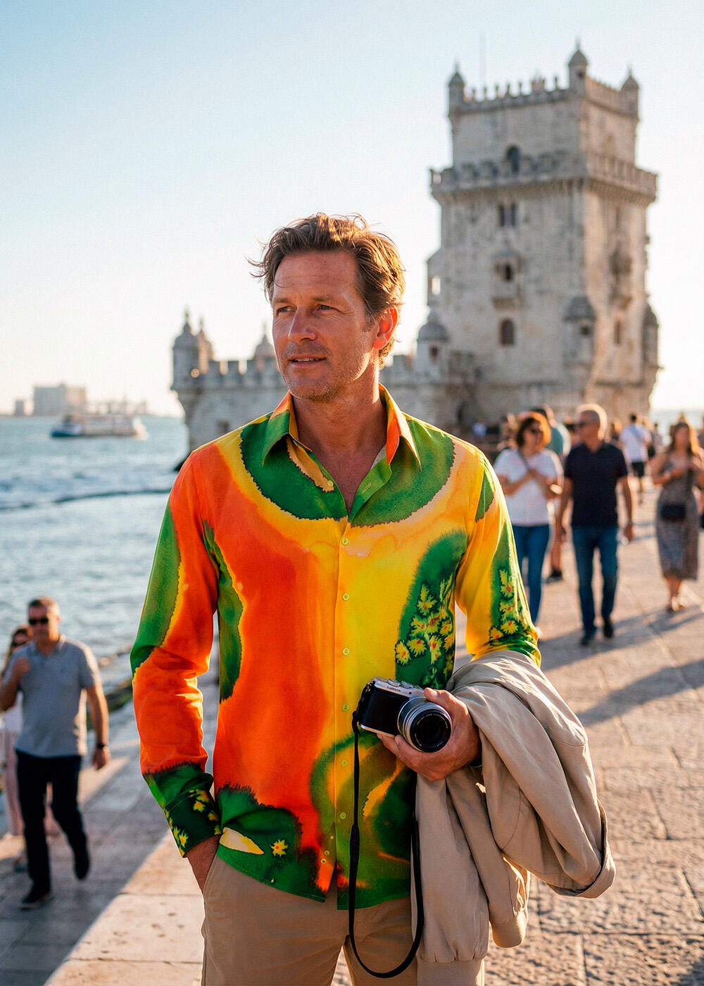 A tourist walks along the waterfront in the Portuguese city of Lisbon wearing the red, yellow, and green SEEROSEN shirt by GERMENS.