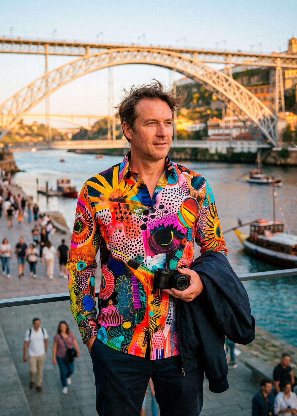 A tourist explores the Portuguese city of PORTO wearing the extraordinary ZIRPA shirt by GERMENS.