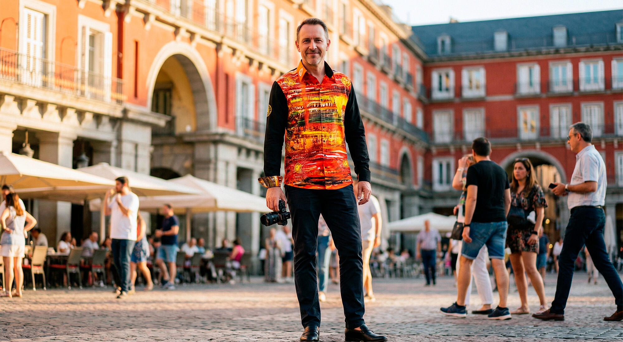 Ein Mann im orange schwarzen Hemd ACRYLITY von GERMENS in der spanischen Stadt Madrid. Das Hemddesgn stammt eigenhändig vom bekannten Schauspieler Mirco Nontschew.