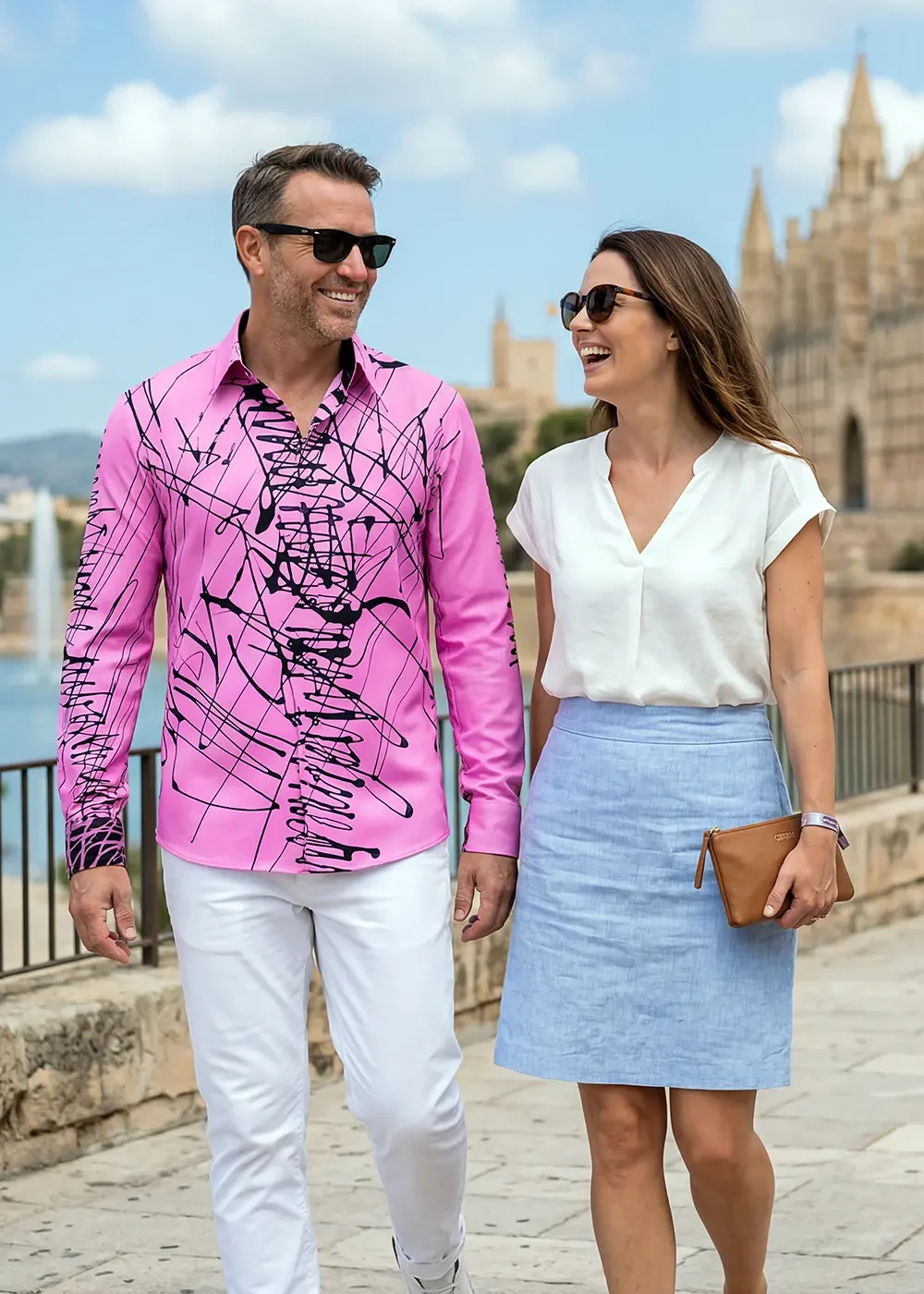 A married couple visits the Spanish city of Palma de Mallorca. The man is wearing the pink DENADA PINK shirt by GERMENS. 