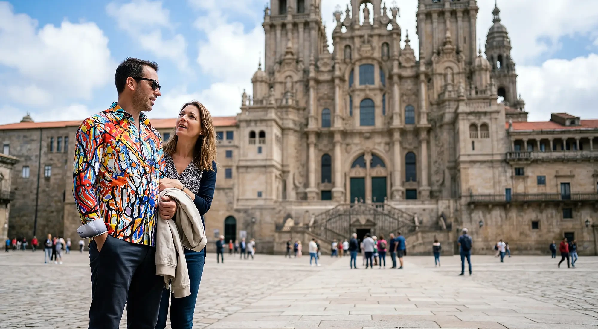 A married couple is walking in the Spanish city of Santiago de Compostela. The man is wearing the colorful KNOCKOUT shirt by GERMENS.