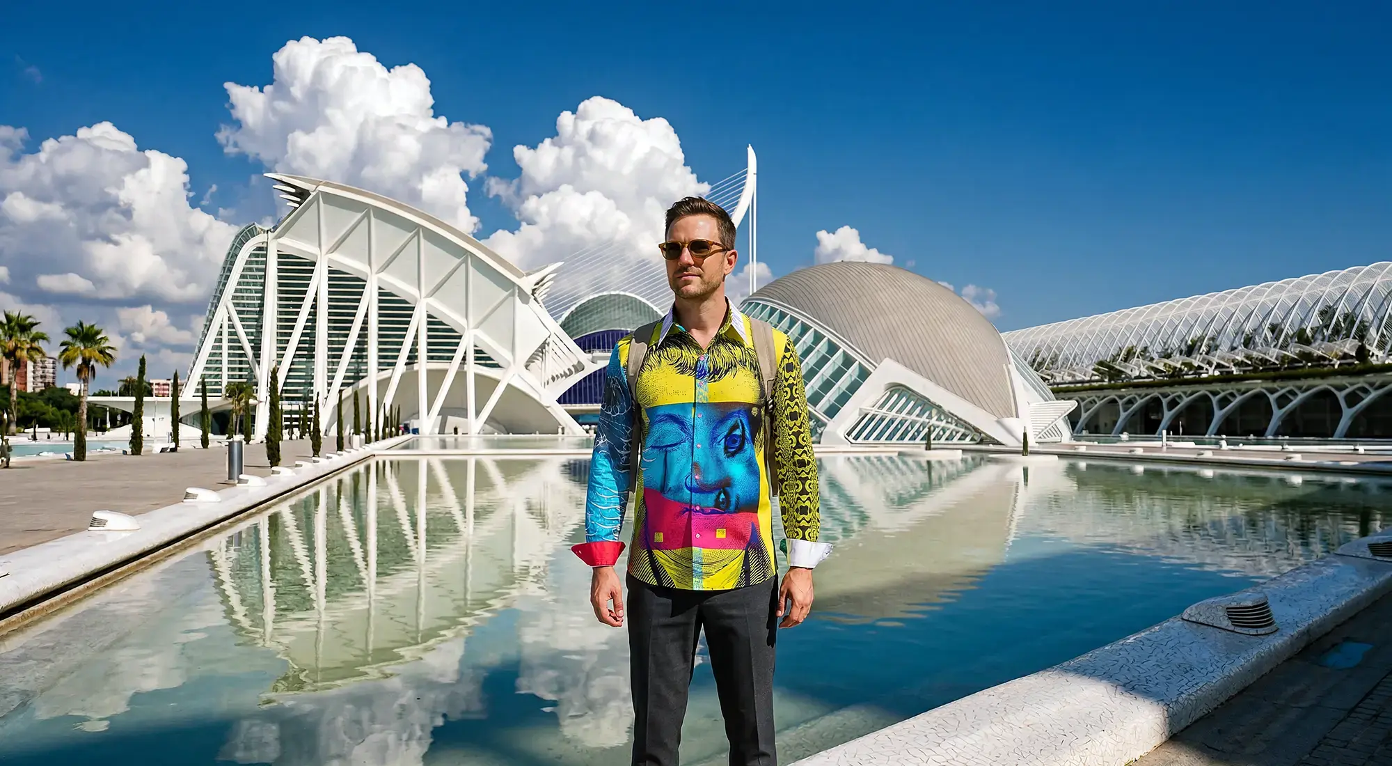A tourist is in the Spanish city of Valencia in the Ciutat de les Arts i les Ciències area. He is wearing the colorful GERMENS PINK MARTINI shirt.