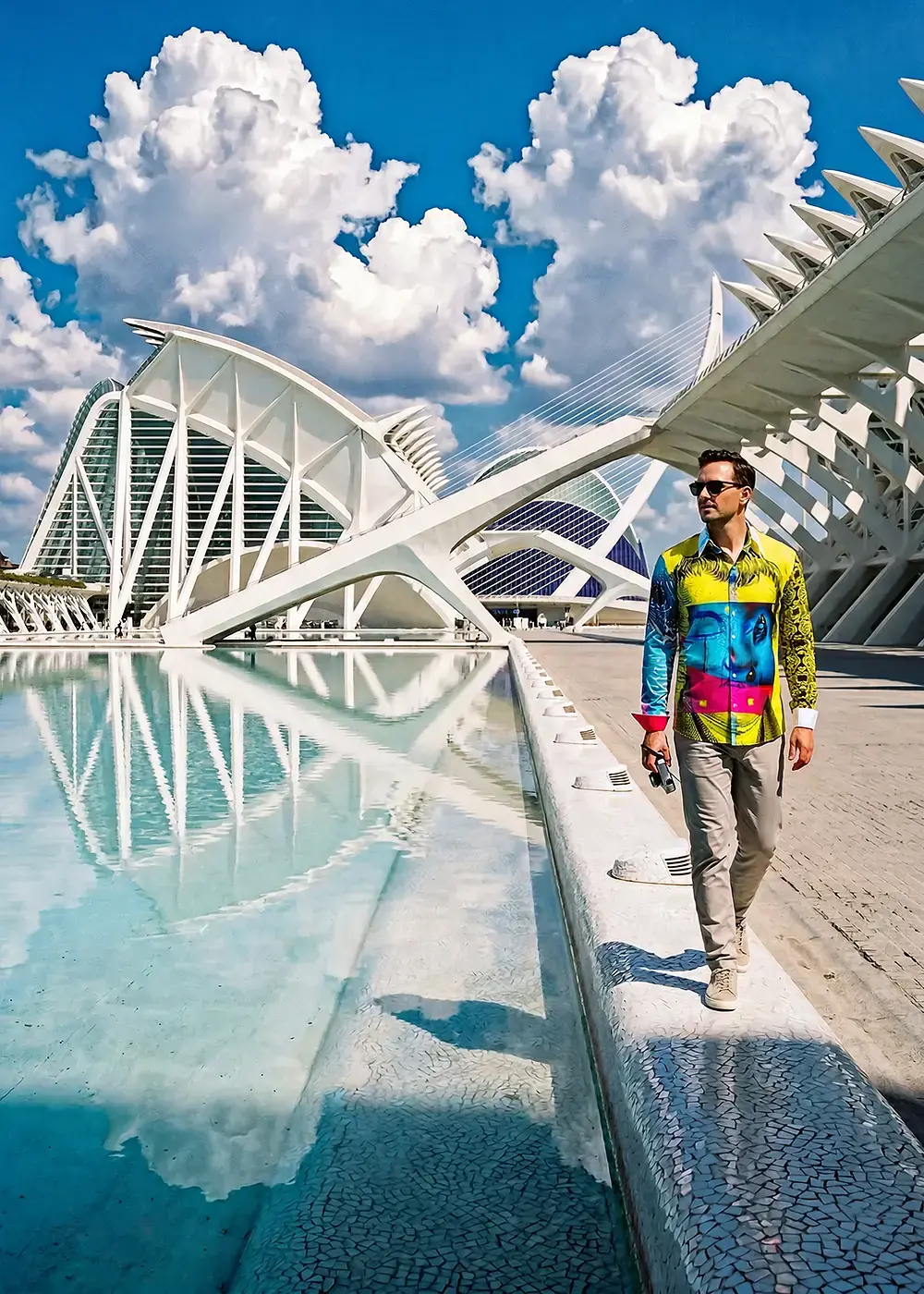 A tourist is in the Spanish city of Valencia in the Ciutat de les Arts i les Ciències area. He is wearing the colorful GERMENS PINK MARTINI shirt.