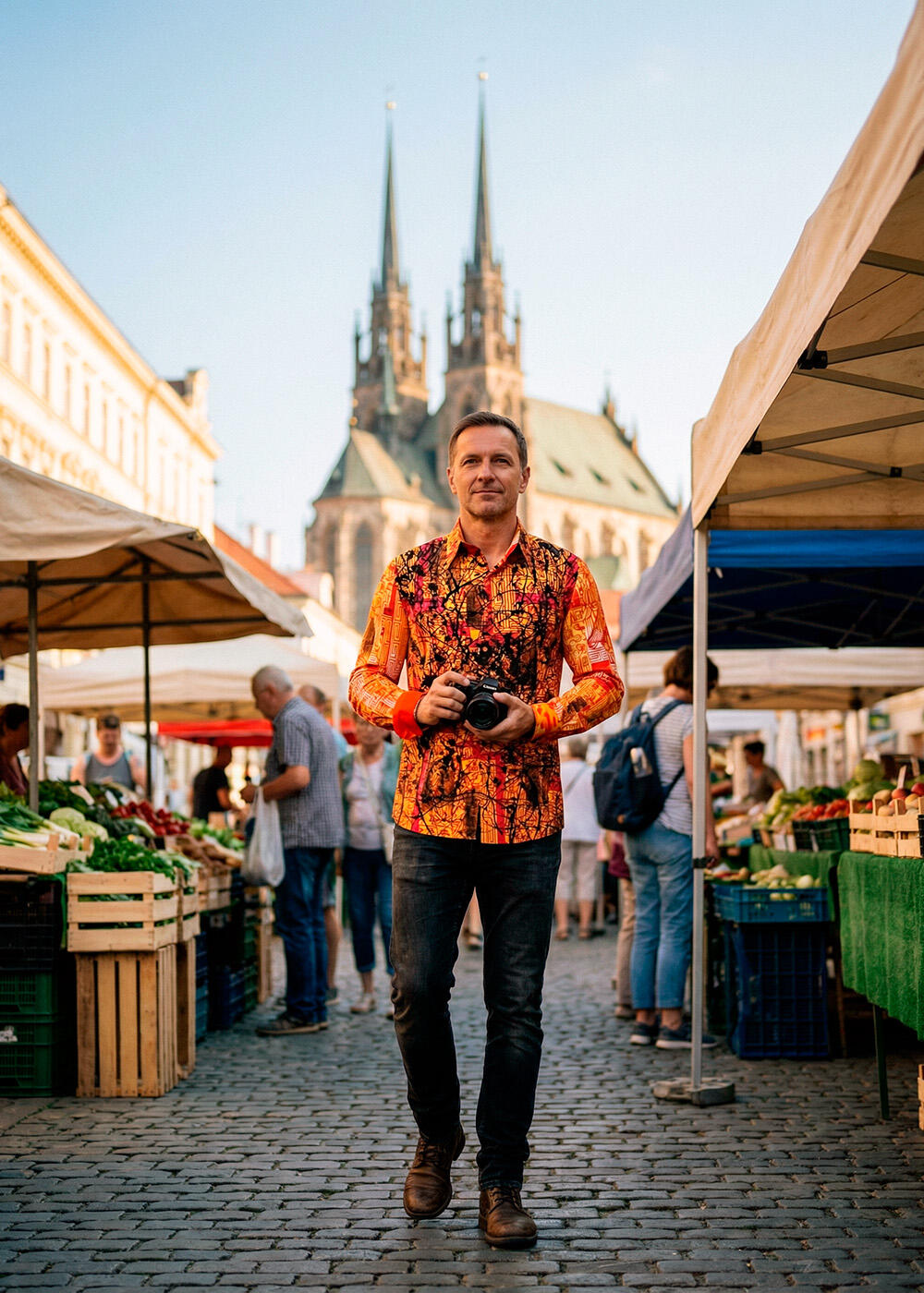 A man wears the orange-red GERMENS SOUVENIR shirt and strolls through the Czech city of Brno.