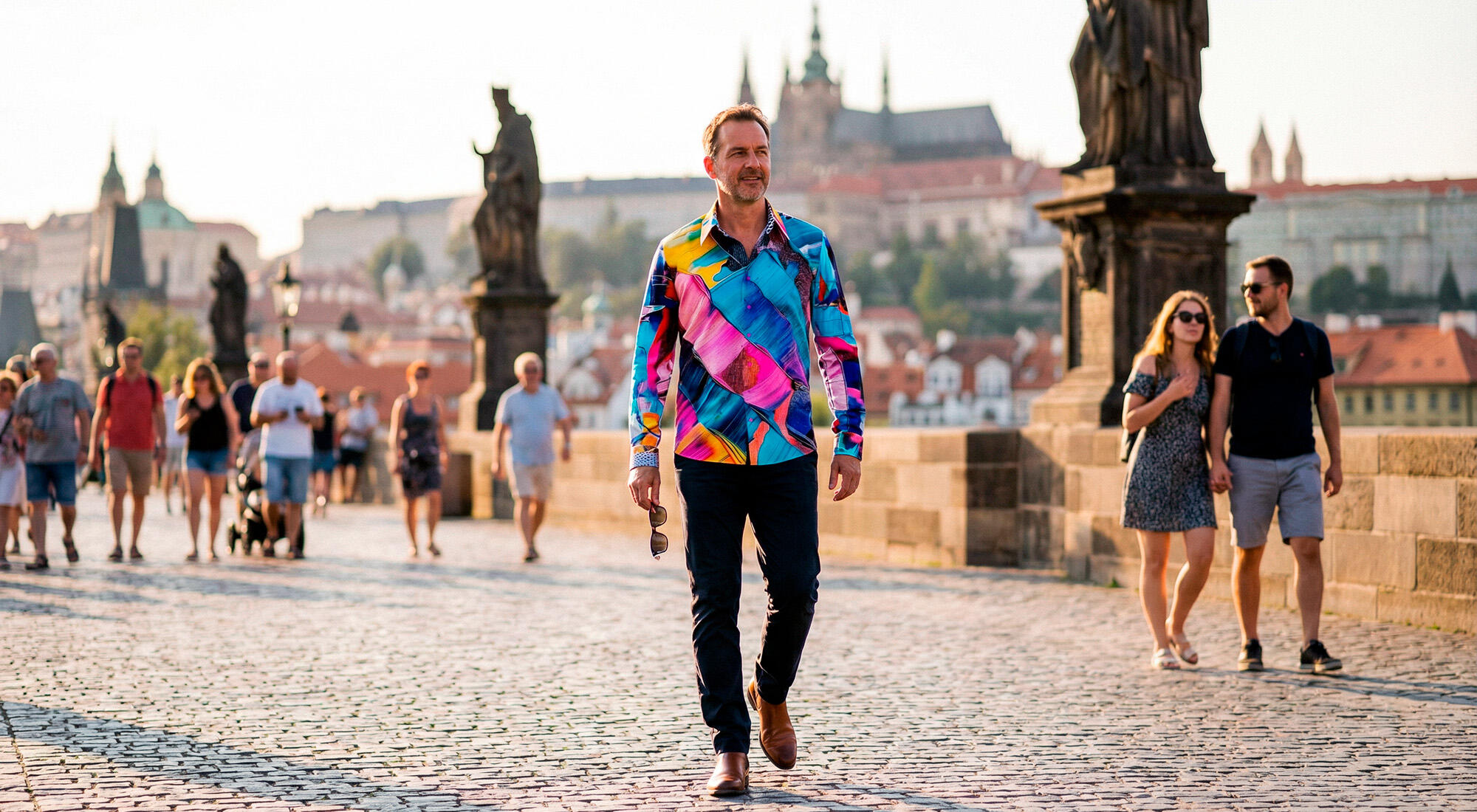 A man walks across Charles Bridge in Prague wearing the colorful GERMENS shirt GEDANKENFARBEN.