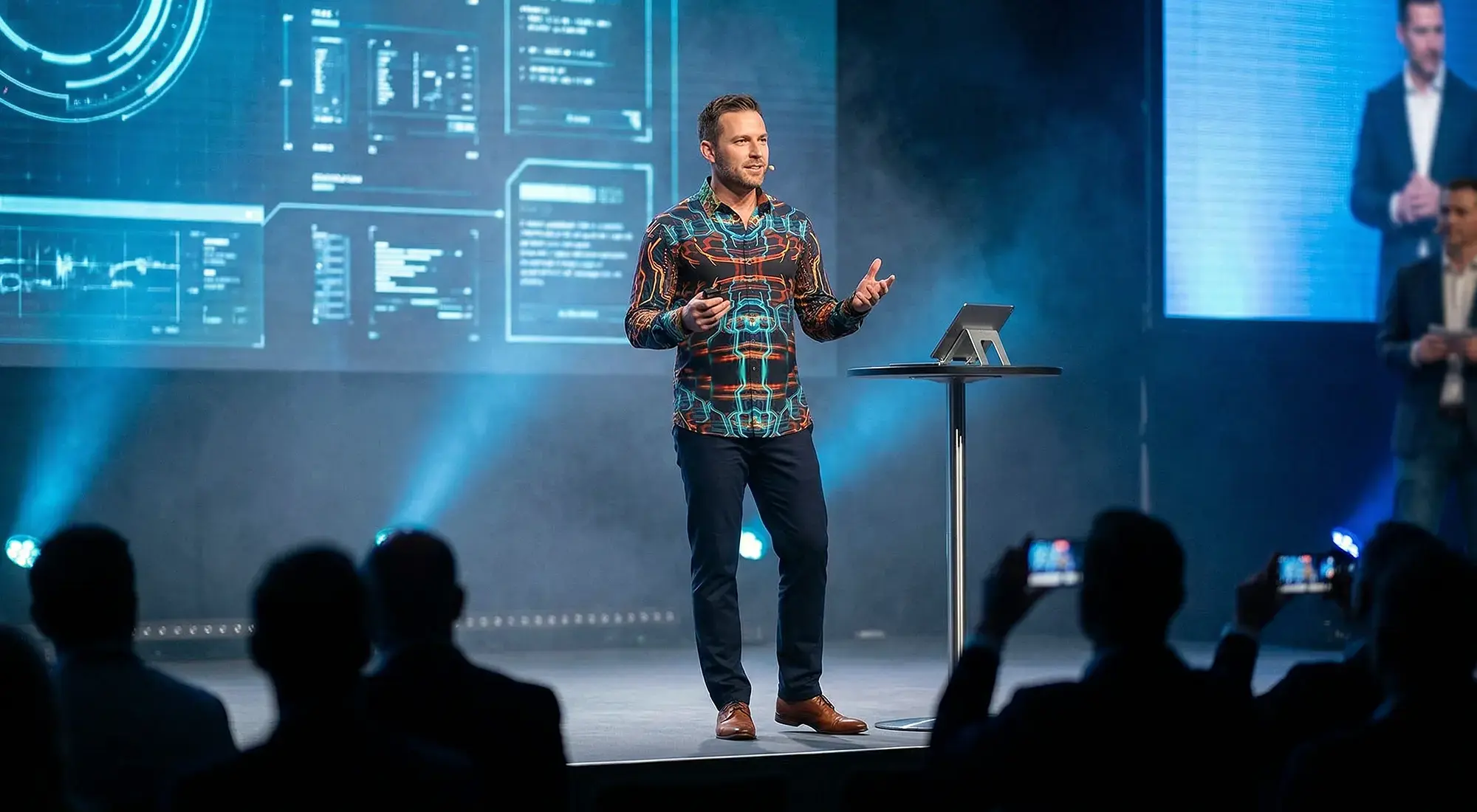 Ein CEO einer KI Tech Firma erklärt dem Publikum die neue Software. Er trägt das GERMENS Hemd HACKER.