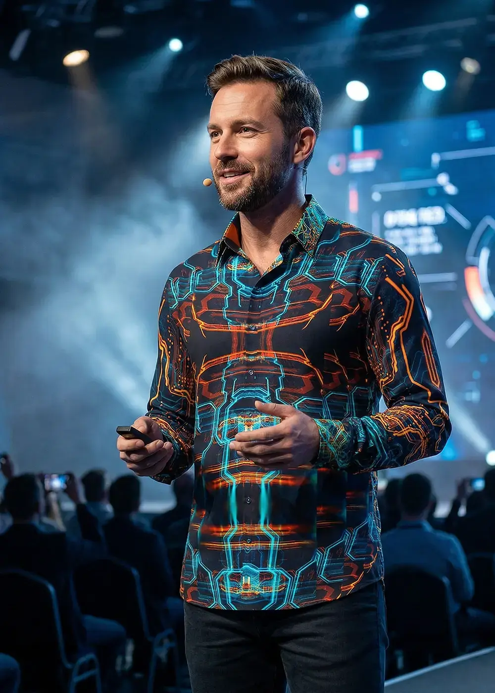 Ein CEO einer KI Tech Firma erklärt dem Publikum die neue Software. Er trägt das GERMENS Hemd HACKER.