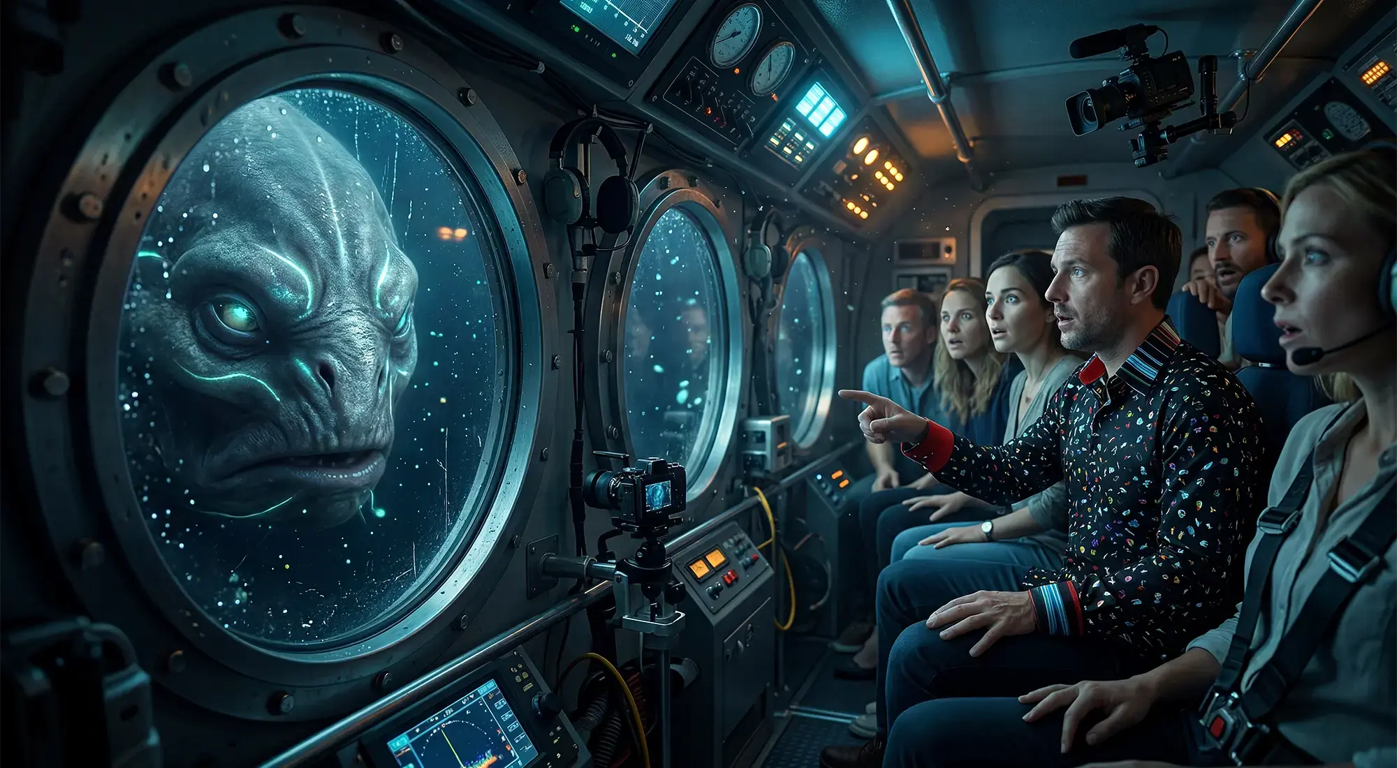 A deep-sea monster peeks into the cabin of a mini submarine. During the deep-sea tourist expedition, a man wears the GERMENS COSTEAU shirt.