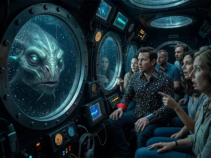 Deep sea moment – a sense of adventure, in the GERMENS COSTEAU shirt as an unusual travel look.