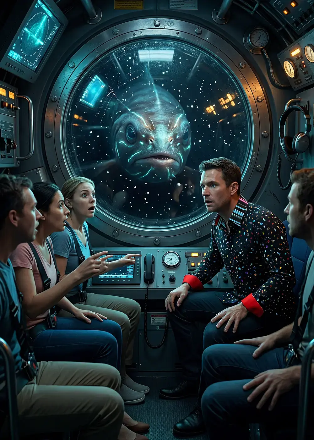 A deep-sea monster peeks into the cabin of a mini submarine. During the deep-sea tourist expedition, a man wears the GERMENS COSTEAU shirt.