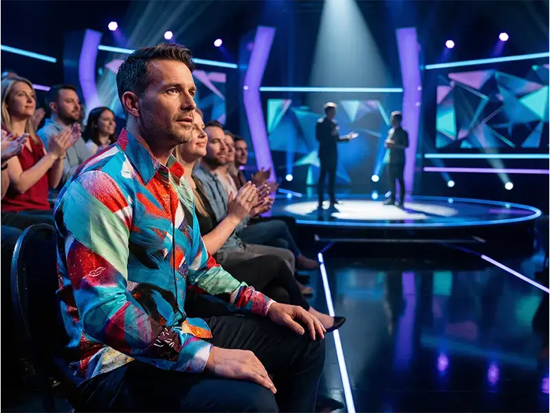 TV studio – audience scene, the GERMENS shirt THE TIME TRAVELING is visible and camera-ready.