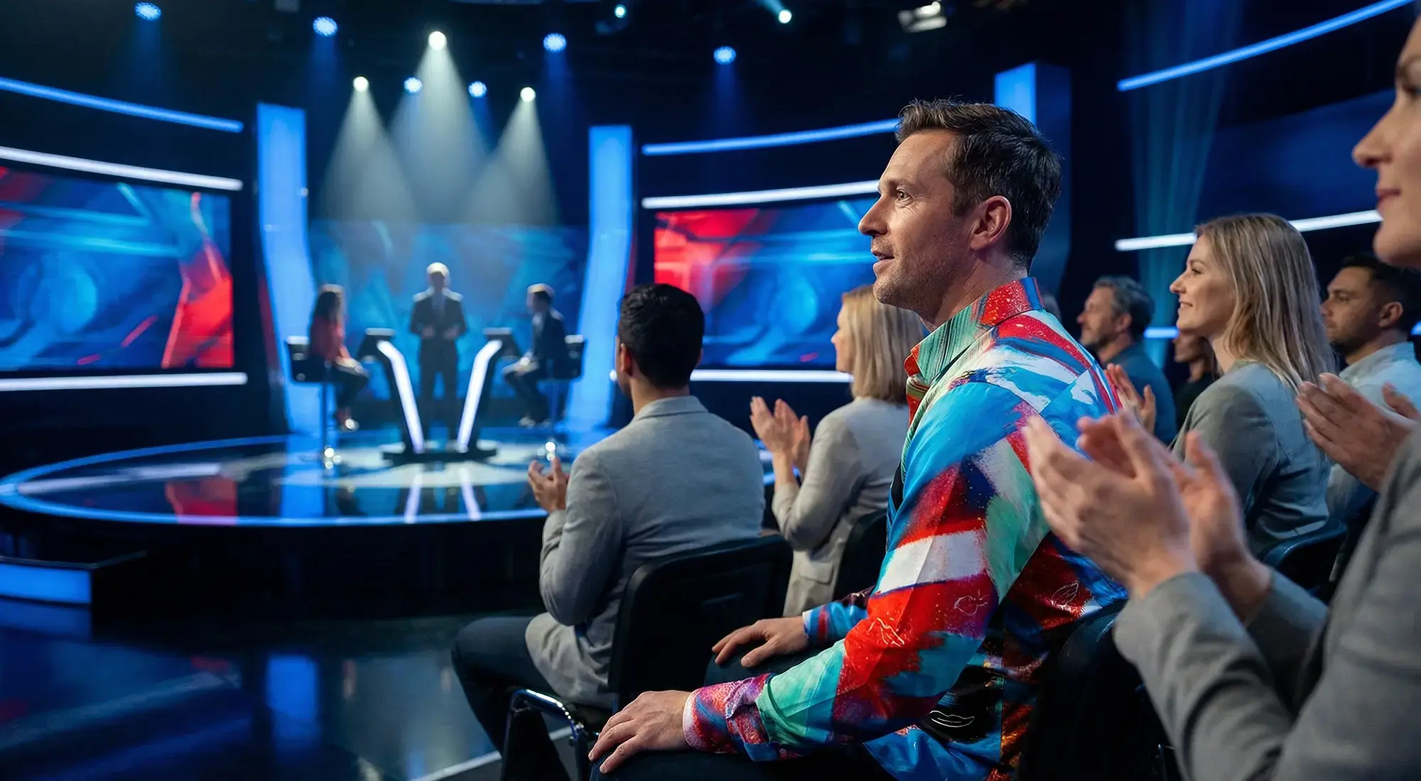 A man is sitting in the audience of a TV show. He is wearing the eye-catching GERMENS shirt THE TIME TRAVELING.